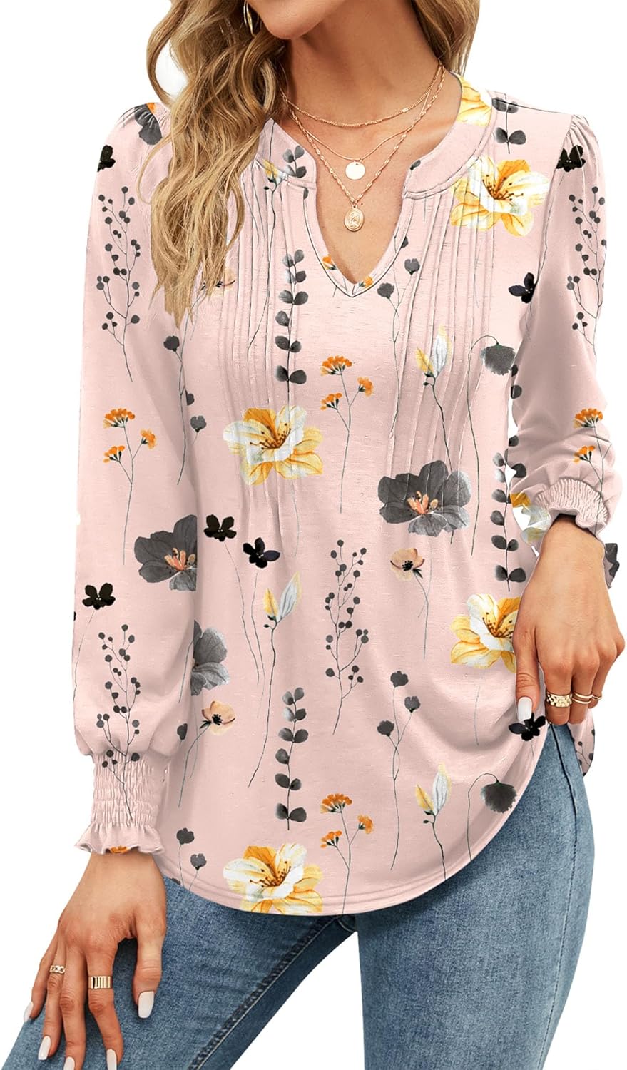 Thumbnail 6 de EFFAN Women's V-Neck Puff Sleeve Floral Pleated Tunic Top