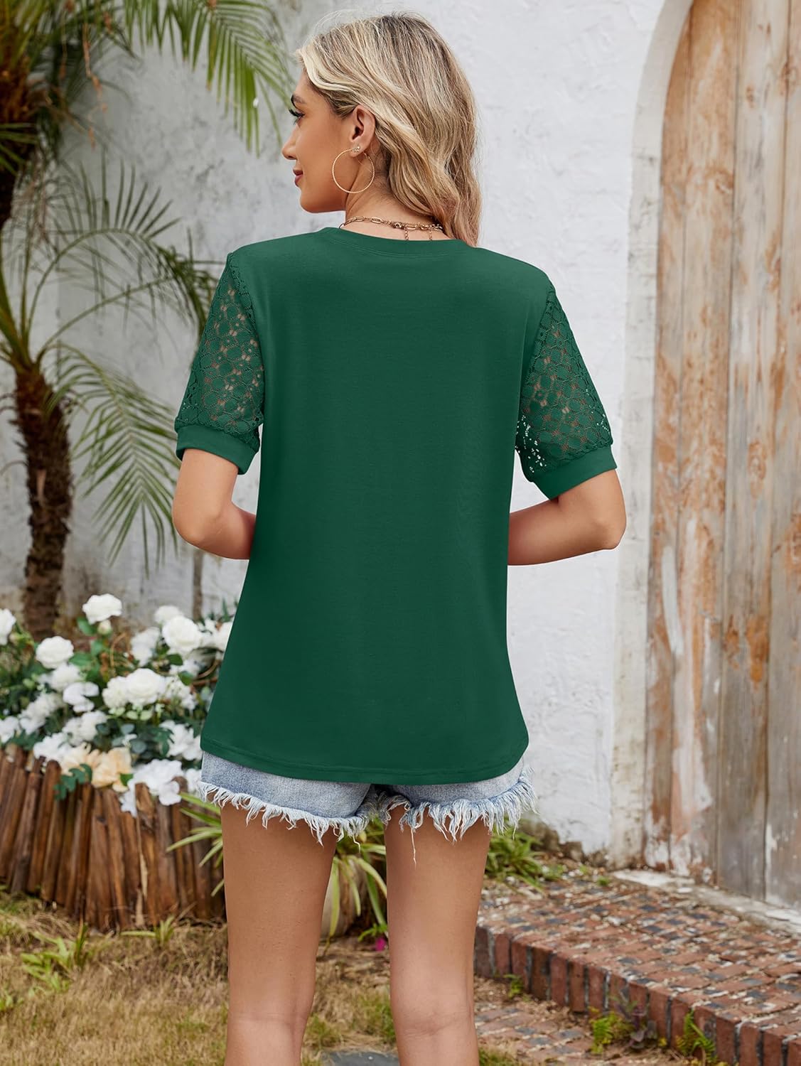 Thumbnail 3 de Famulily Womens Pleated Front T-Shirts: Lightweight Lace-Sleeve Top for Everyday Wear
