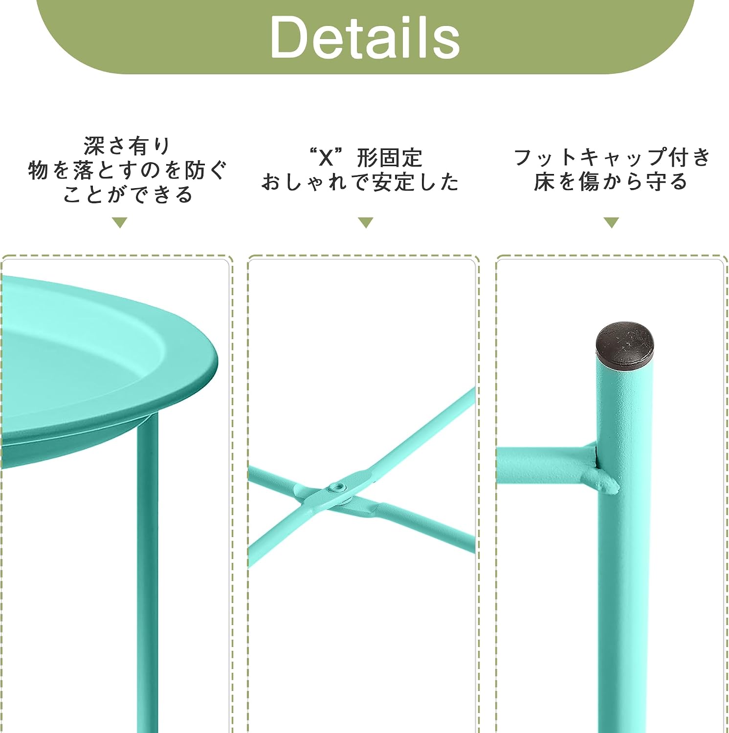 Detalle de VECELO 折りたたみサイドテーブル 丸型トレー グリーン 47×47×50.5cm スチール製