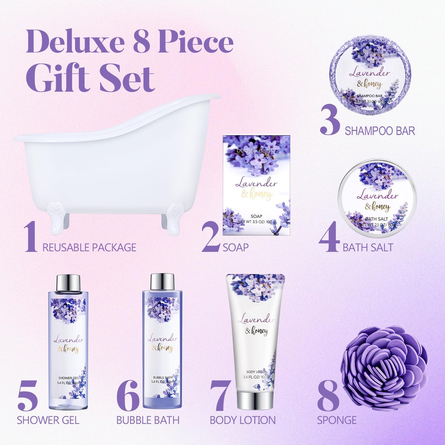 Detalle de BODY & EARTH 2019-AMABE-3-1 Bath and Body Gift Set, 8-Piece Lavender & Honey Spa Kit