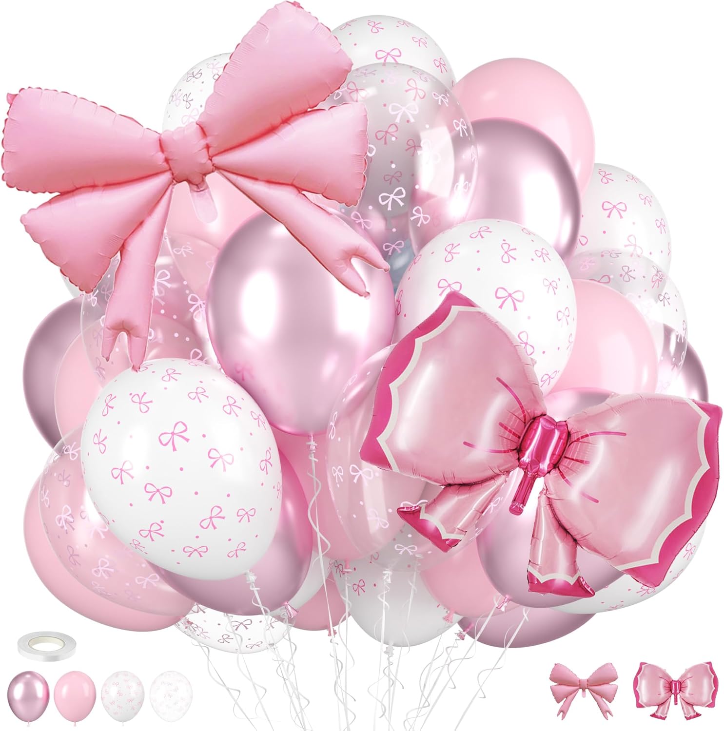 Bow Balloons 35-Piece Light Baby Pink, White & Clear Pastel Balloon Set with Bow Foil Balloon and Ribbon