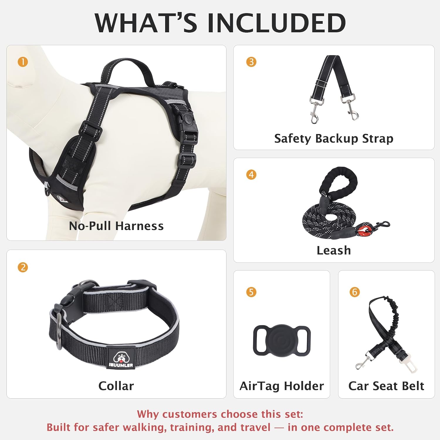 Thumbnail 1 de IEUUMLER No Pull Dog Harness, Reflective Front Clip Vest with Leash, Car Seat Belt, Backup Strap and AirTag Accessory Slot (Size M, Black)