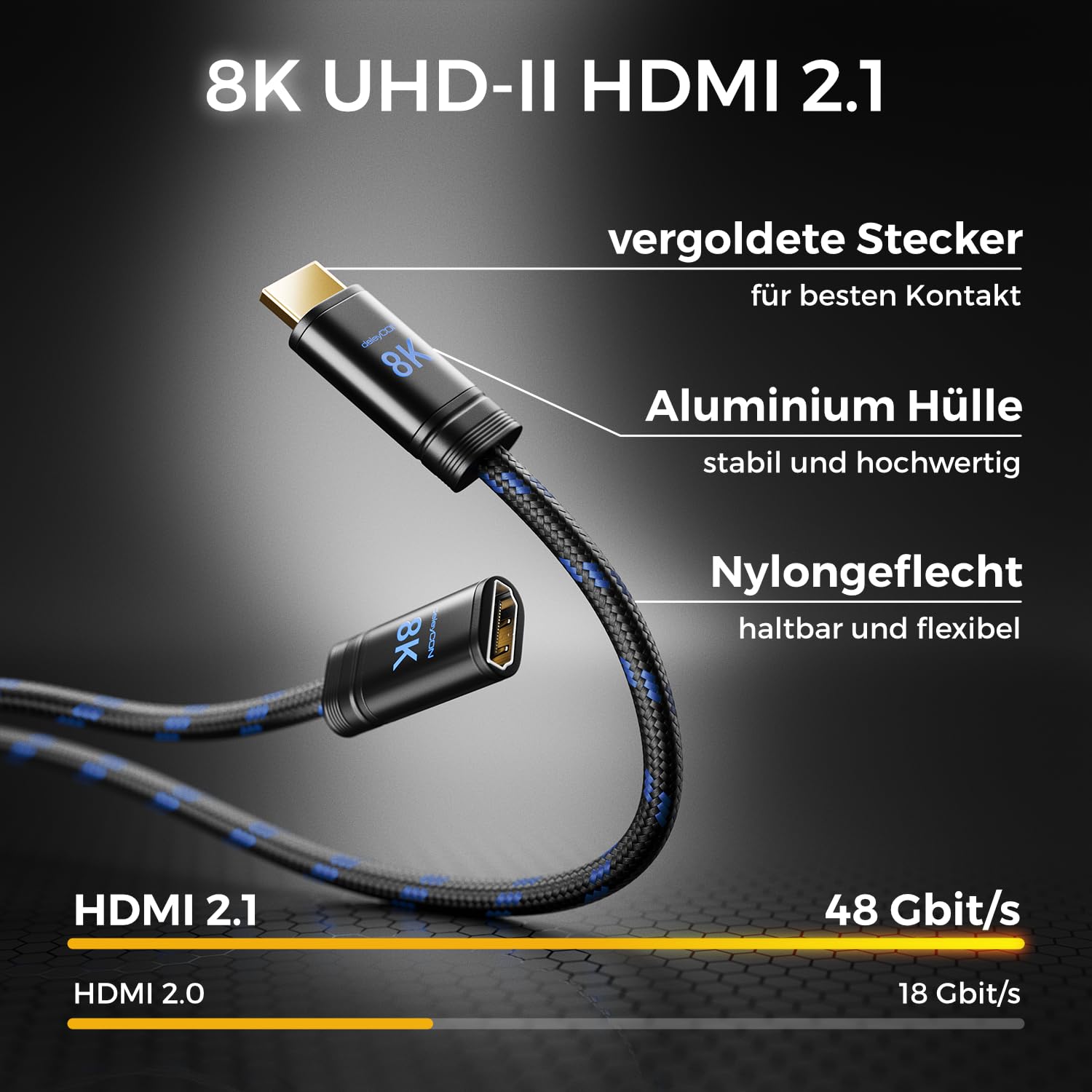 Thumbnail 3 de deleyCON 2m 8K HDMI 2.1 Verlängerungskabel – zuverlässige Kabelverlängerung für TV, Monitor und Konsolen