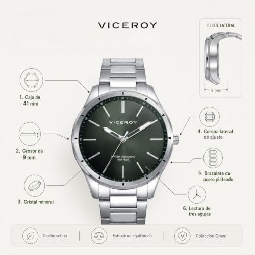 Detalle de Viceroy Grand 401385-67: Reloj de Hombre Elegante en Acero Inoxidable con Esfera Verde