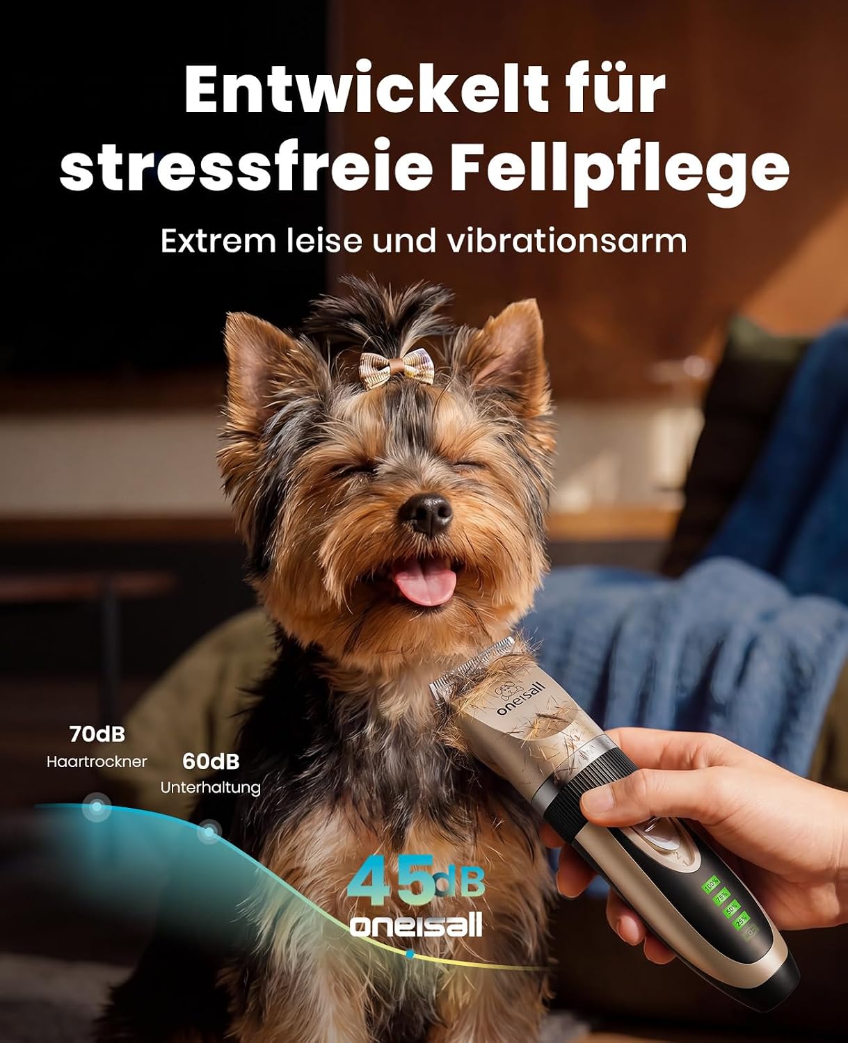 Detalle 2 de oneisall Leise Hundeschermaschine – kabellos, 2000mAh, 4 Stunden Laufzeit, für Langhaar–Fellpflege von Hund & Katze (Gold)