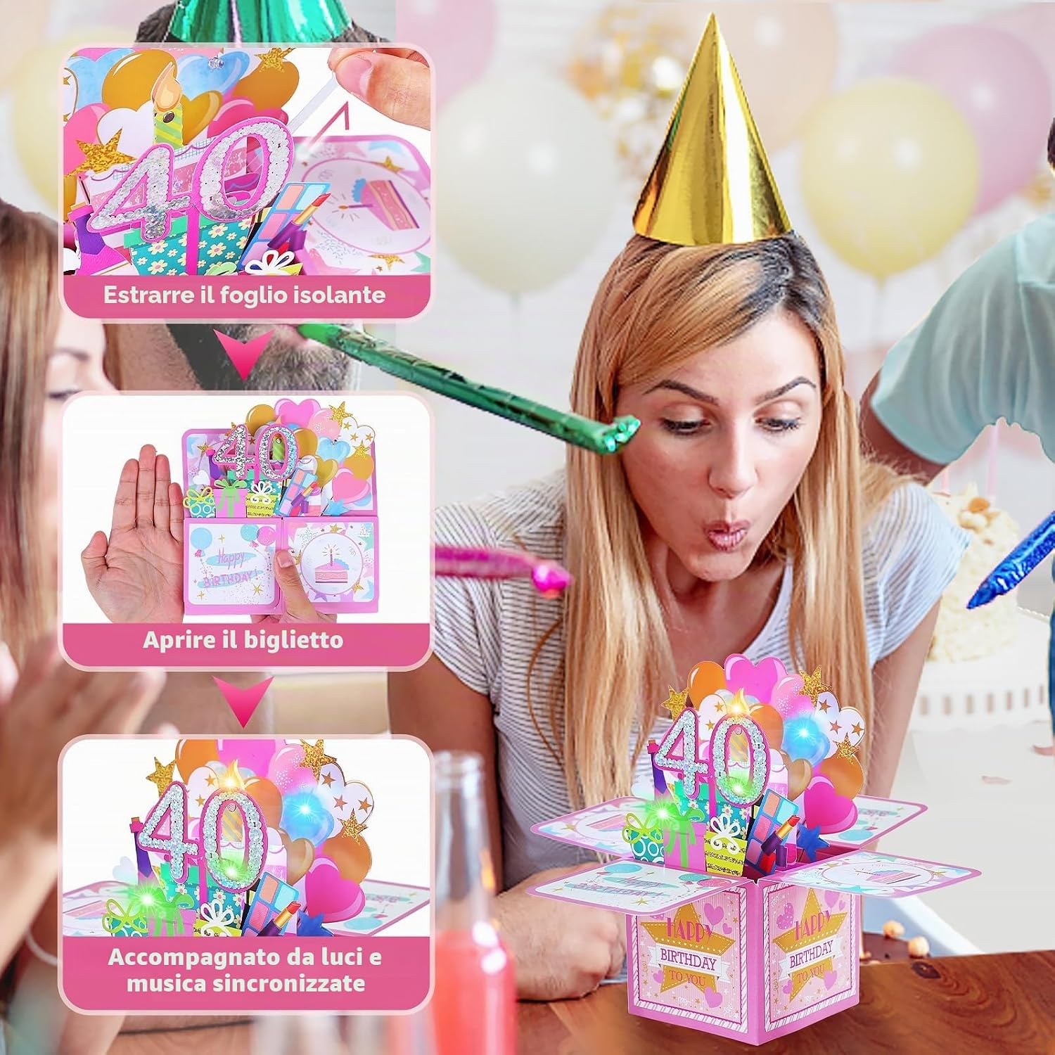 Detalle 2 de Joyoldelf Biglietto Auguri Compleanno 40 Anni – Donna, 3D Musicale e Luce con design pop-up