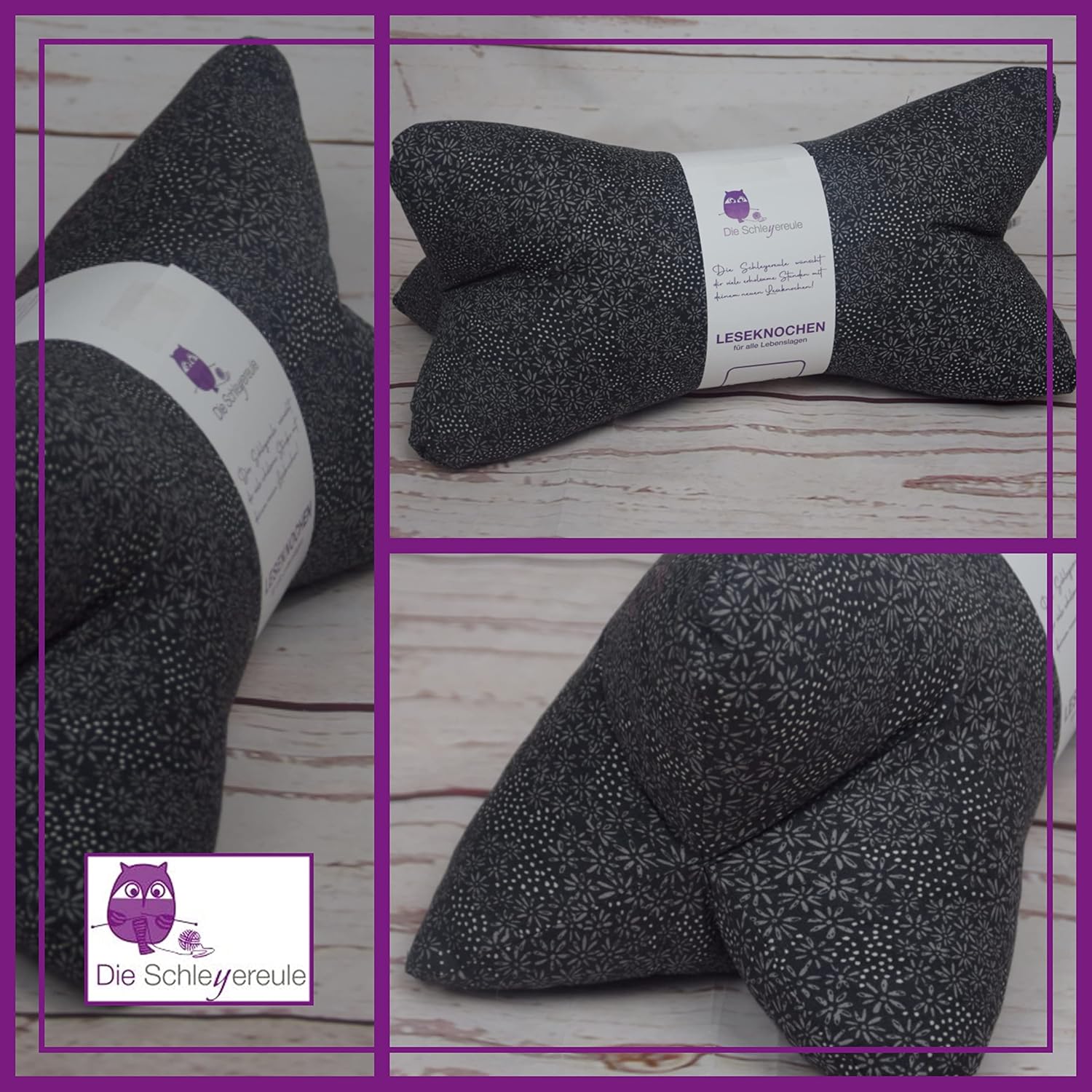 Detalle de Die Schleyereule Leseknochen Nackenkissen – handgestopft, waschbar und in Deutschland hergestellt (Black Flower)