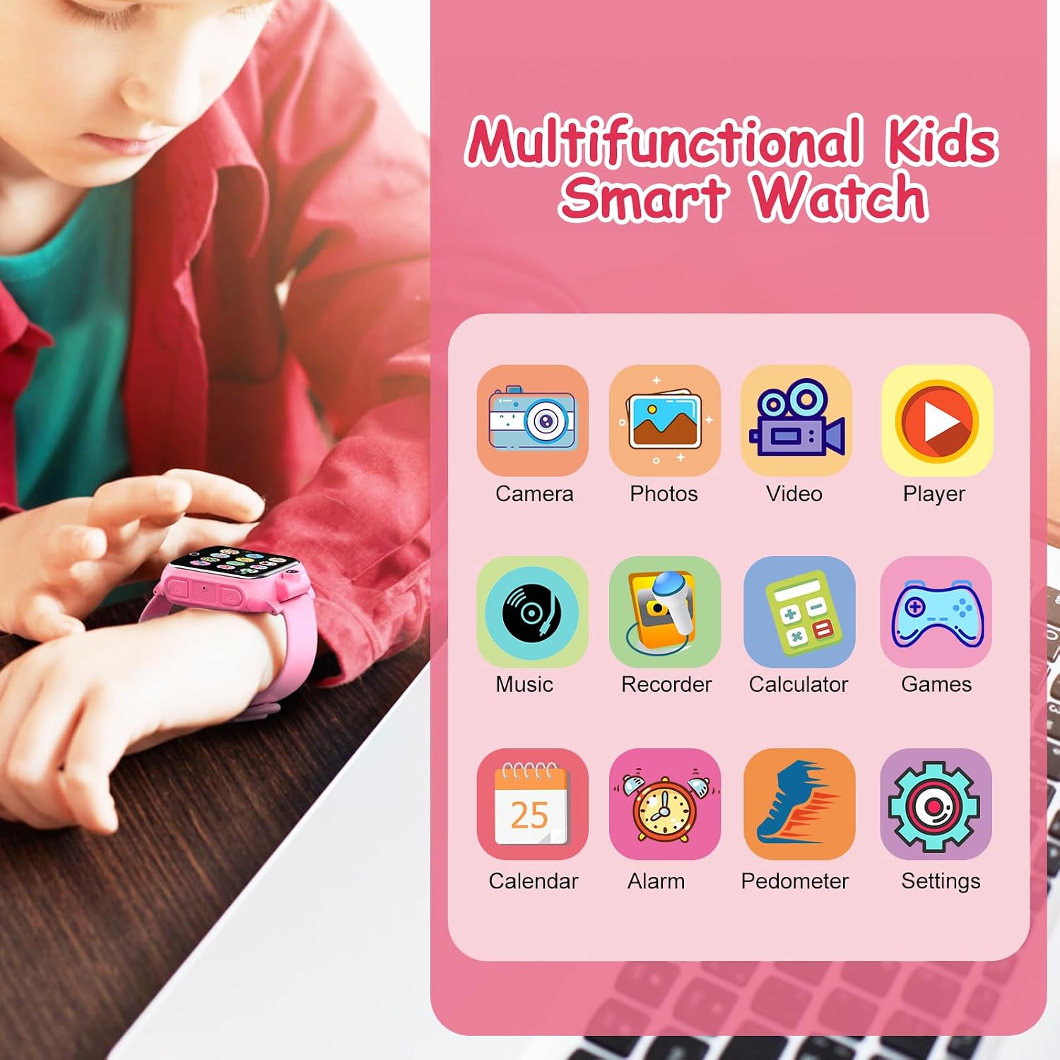 Detalle de Smartwatch per Bambini: Orologio Educativo con 26 Giochi, Fotocamera e Pedometro
