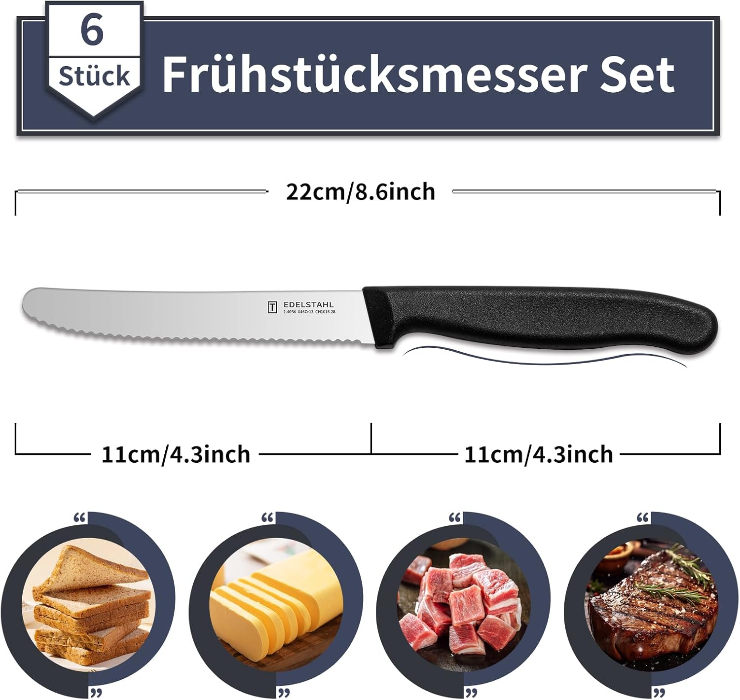 Detalle de targzier Frühstücksmesser 6er-Set aus Edelstahl mit Wellenschliff und PP-Kunststoffgriff