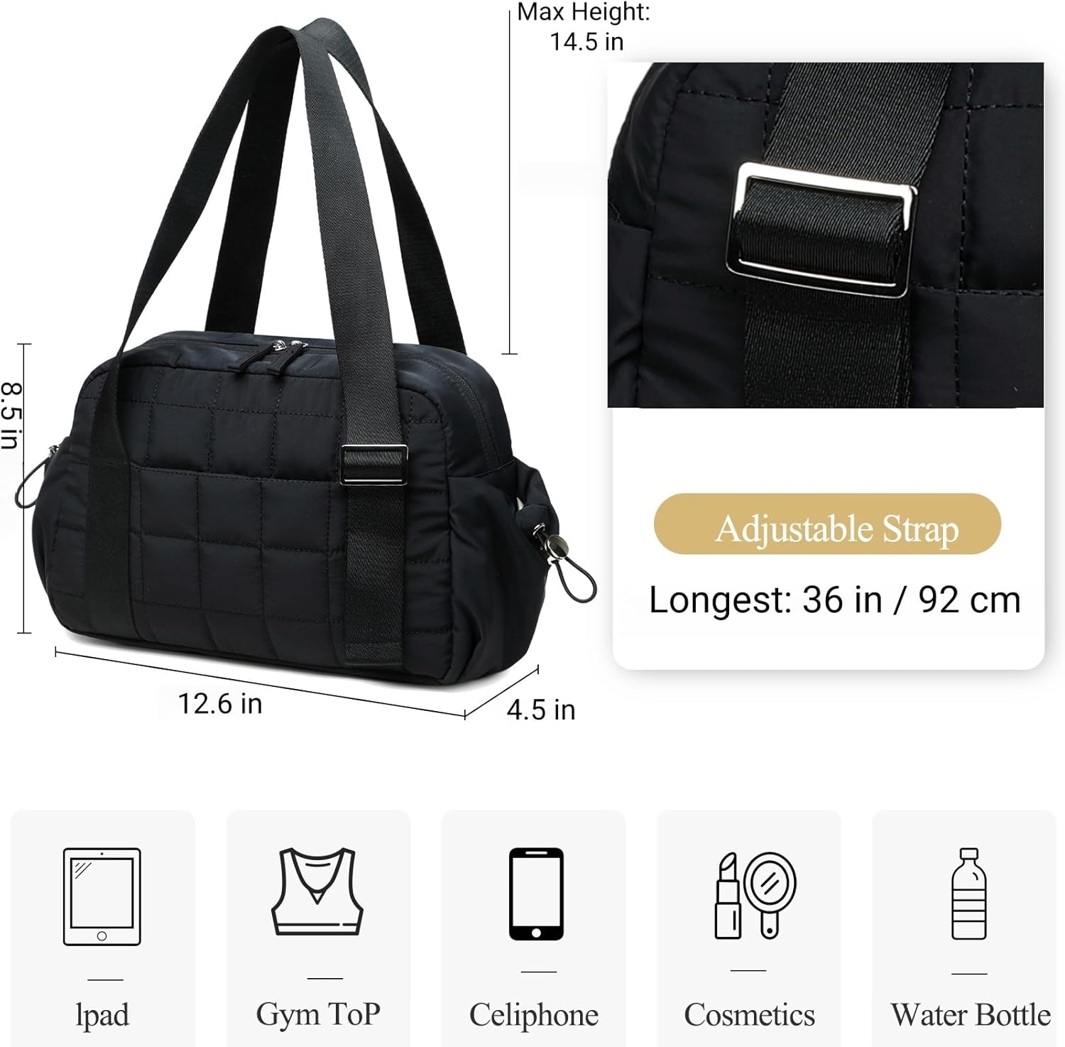 Detalle de CAMTOP Mini Gym Bag for Women — Small Puffy Quilted Tote Duffel with Wet Compartment