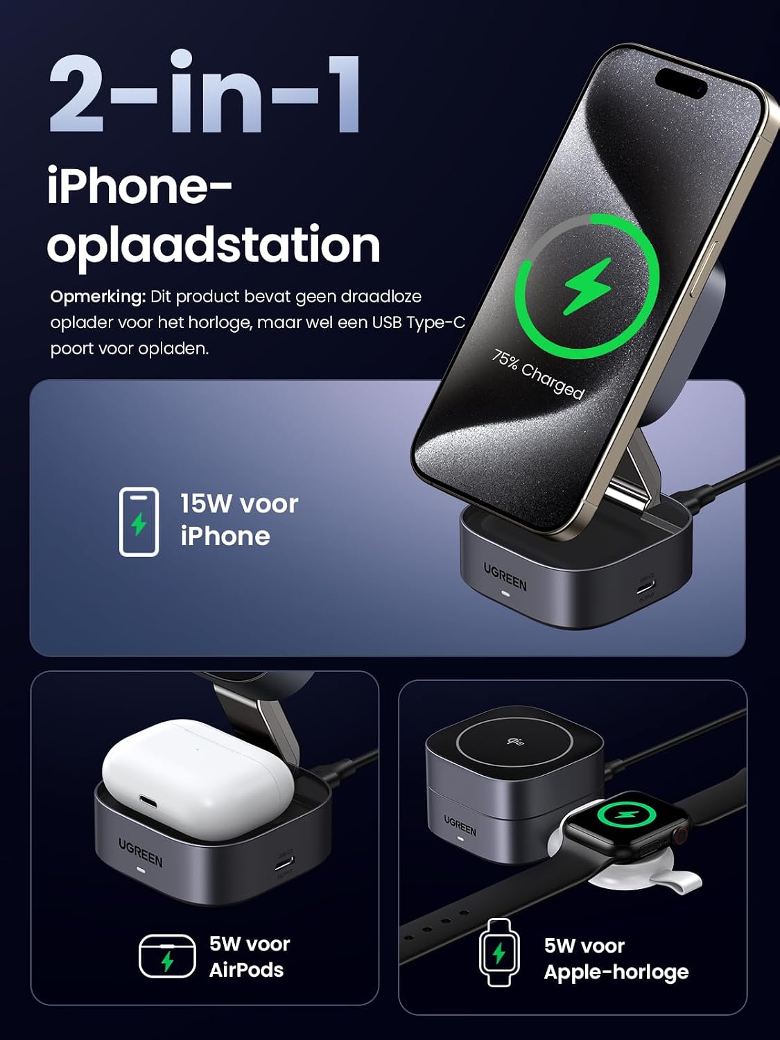Detalle de UGREEN MagFlow Qi2 15W 2-in-1 opvouwbaar magnetisch laadstation