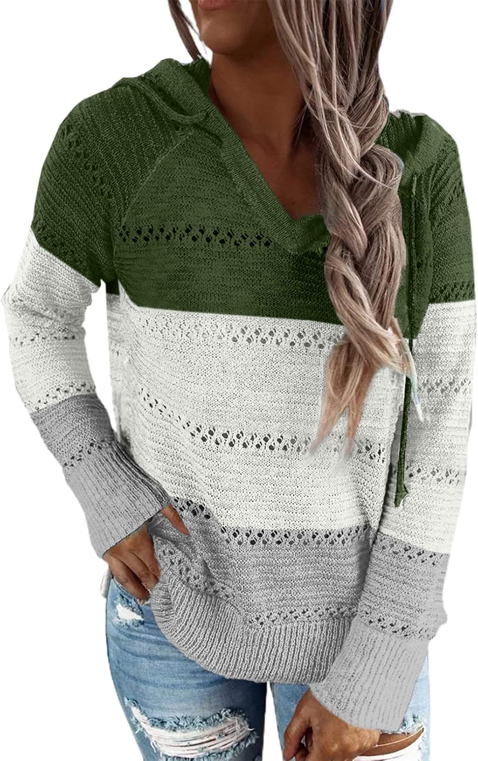 Thumbnail 4 de BLENCOT Women Color Block Crochet Hoodie sweater