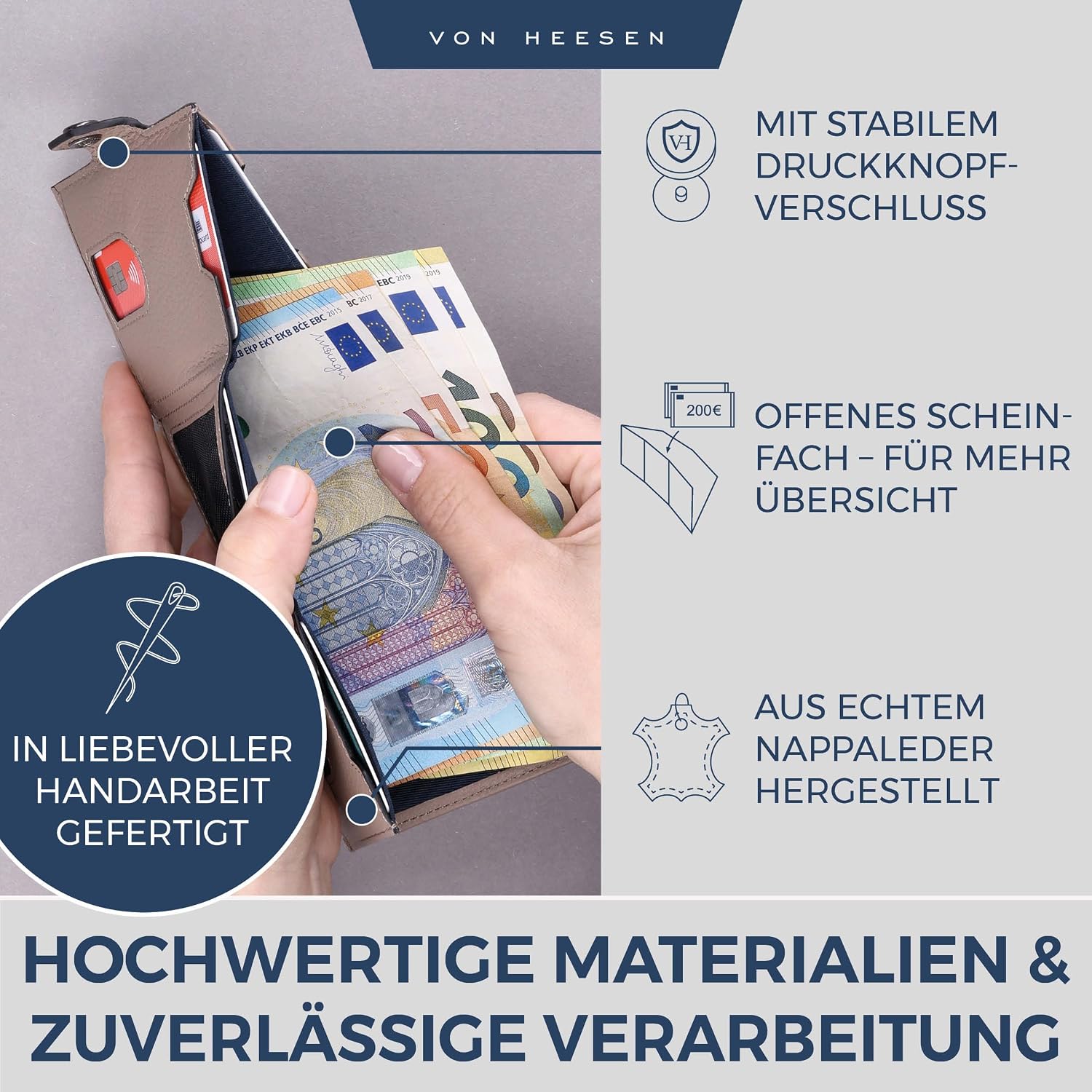 Detalle de VON HEESEN Slim Wallet mit RFID-Schutz – kleines Echtleder Kartenetui (Taupe), flach & leicht