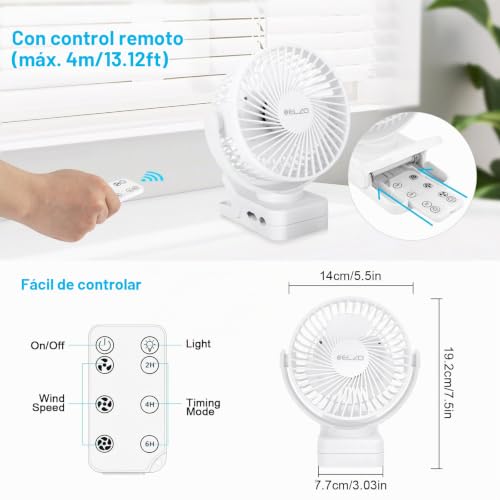 Detalle de ELZO Ventiladores de sobremesa USB 12000mAh: 360° de aire, 3 velocidades y luz LED con control remoto