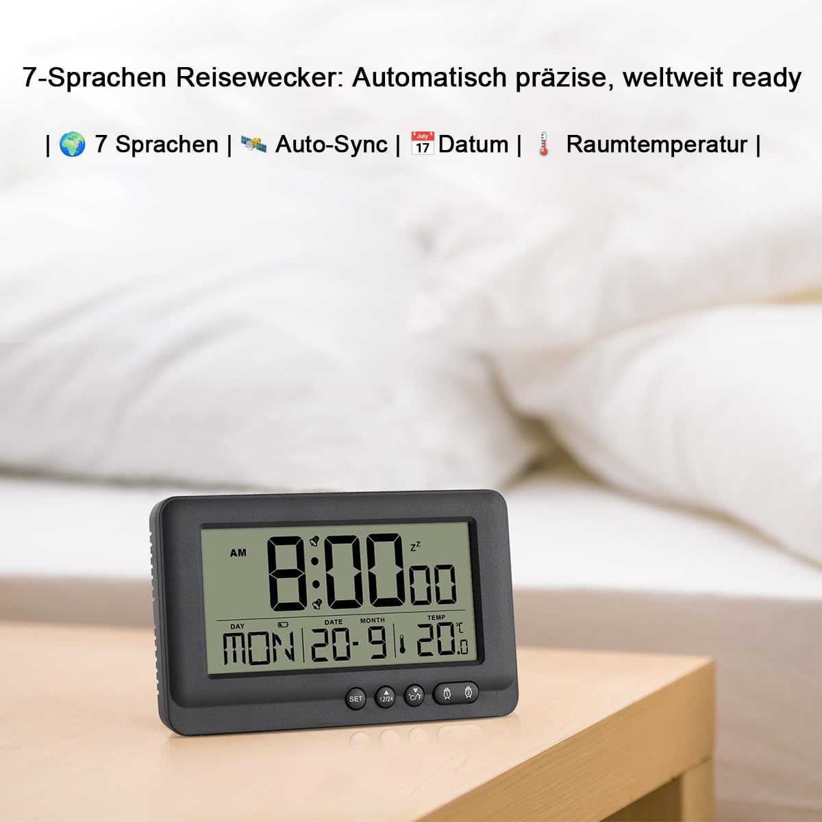 Thumbnail 3 de Teepacioka Funkwecker Digital mit Automatischer Zeit-Synchronisation, 5-Minuten-Snooze und Temperaturanzeige – Schwarz