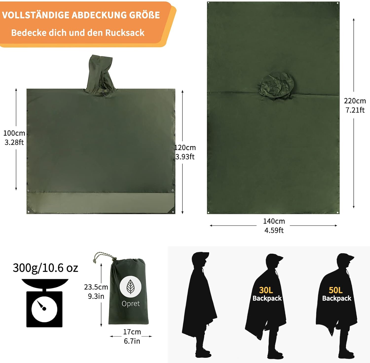 Detalle de Opret wasserdicht Regenponcho M/L – 3-in-1 Regenmantel, wasserdicht, atmungsaktiv und ultraleicht für Wandern und Camping (Navyblau)
