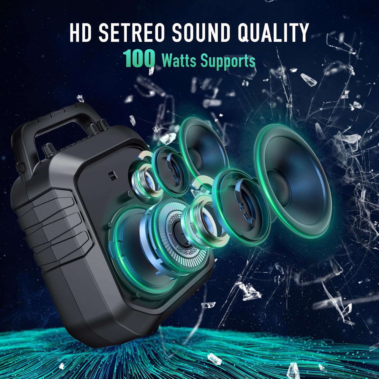 Detalle 2 de SHIDU PRO 100W Voice Amplifier with Two Wireless Microphones, Bluetooth & Guitar Input