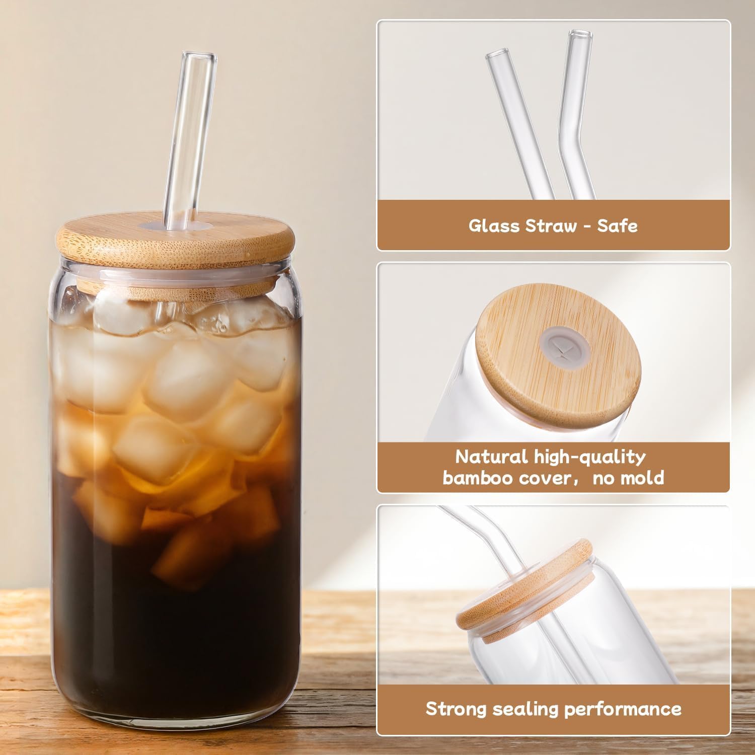 Thumbnail 1 de MHDCLY Iced Coffee Cup Set: 4 Glass Cups with Bamboo Lids, Straws and Brushes (20 oz)