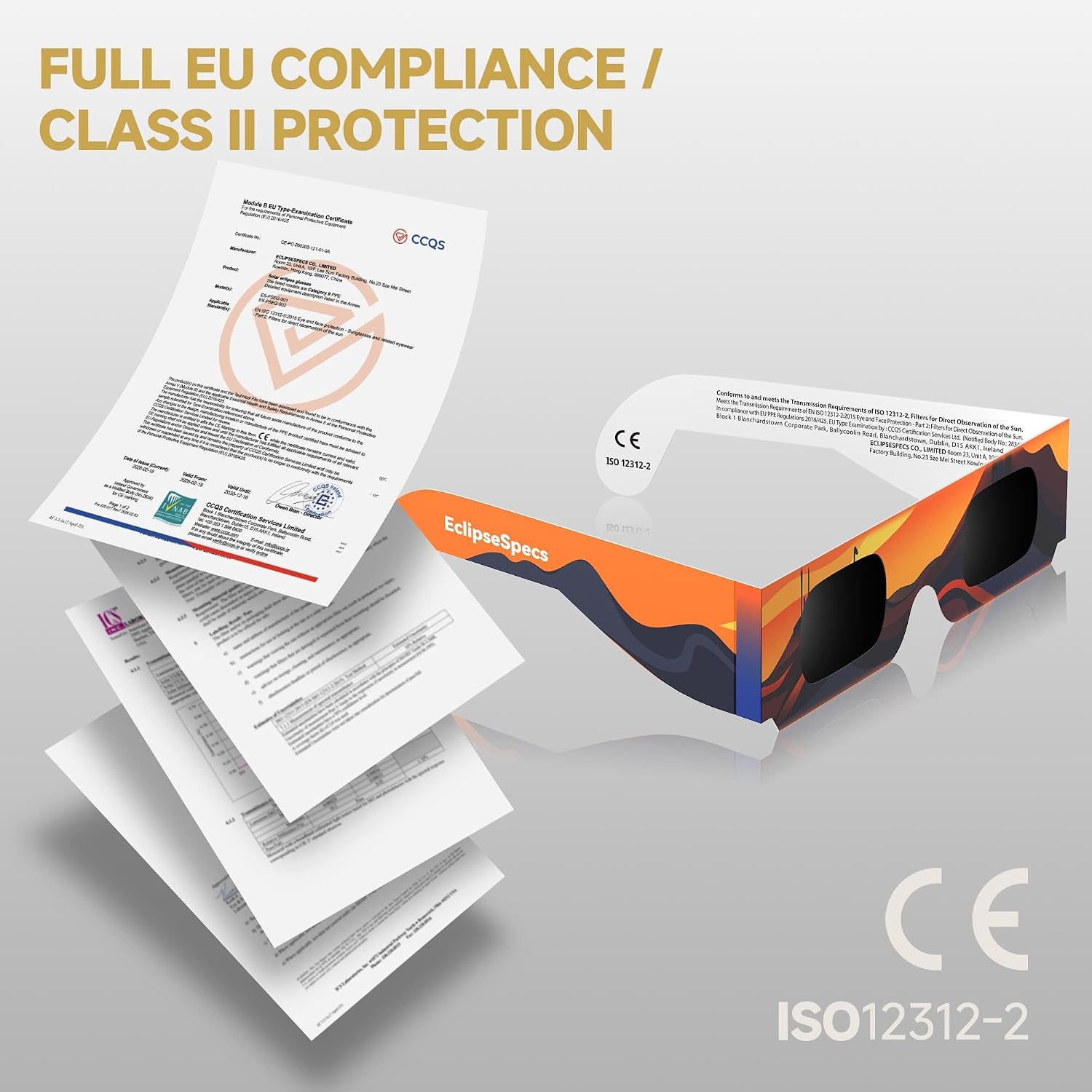 Detalle de Gafas Eclipse Specs: Pack de 3/5/10/25 gafas para observación solar con certificación ISO 12312-2 y CE