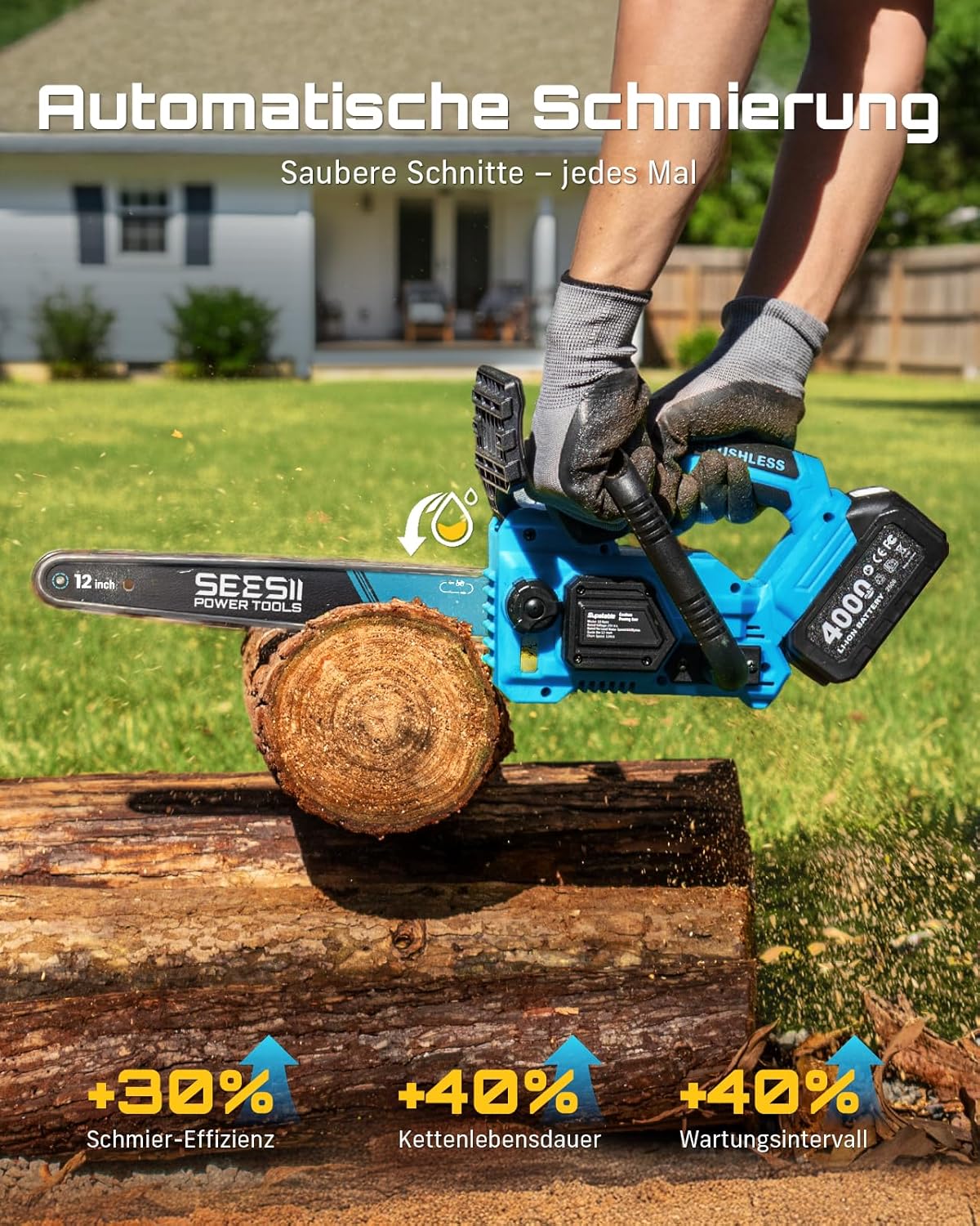 Detalle 1 de SEESII Akku Kettensäge 12 Zoll mit 1200 W