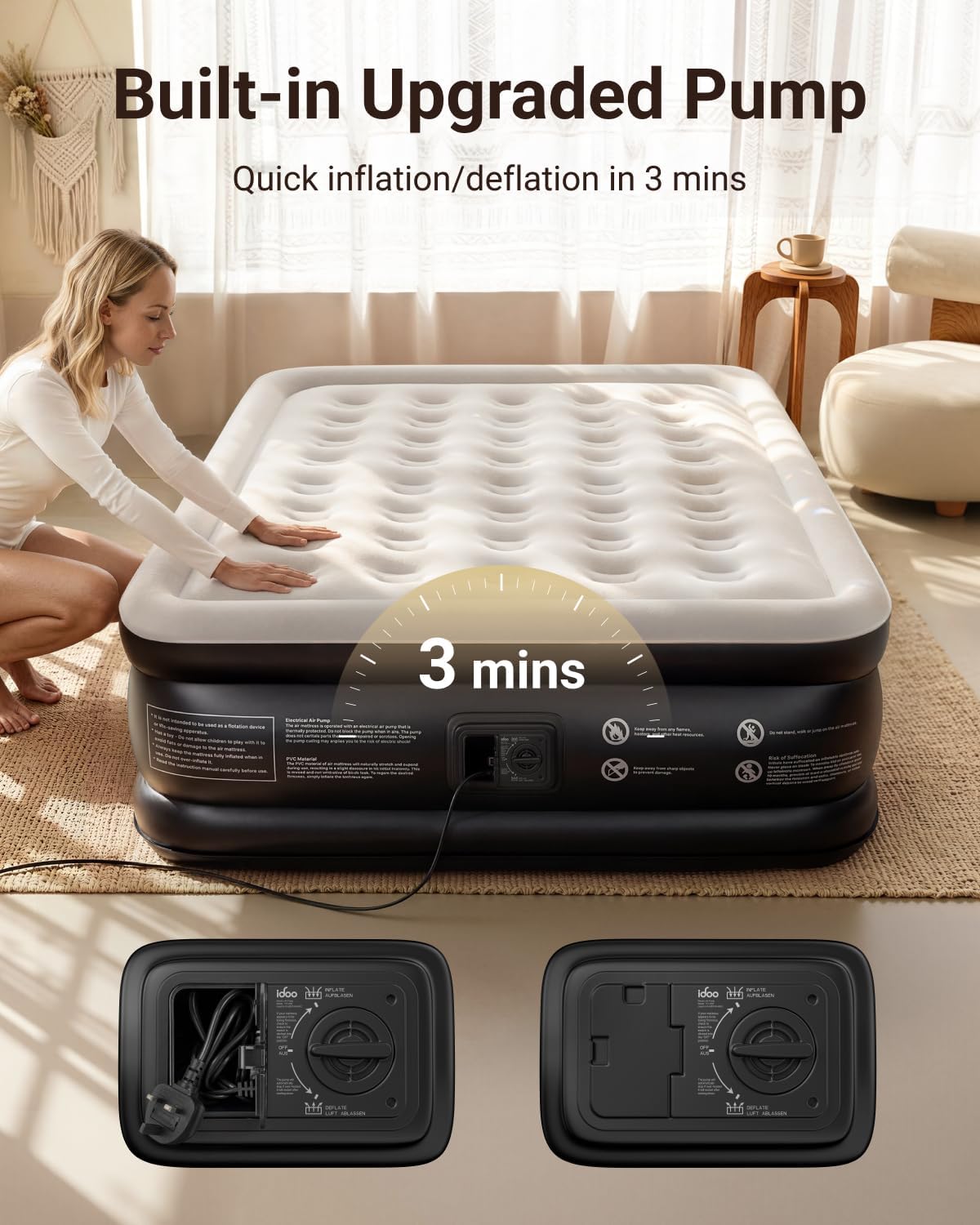 Thumbnail 1 de iDOO King Size Inflatable Air Mattress with Built-In Pump (203 x 152 x 46 cm)