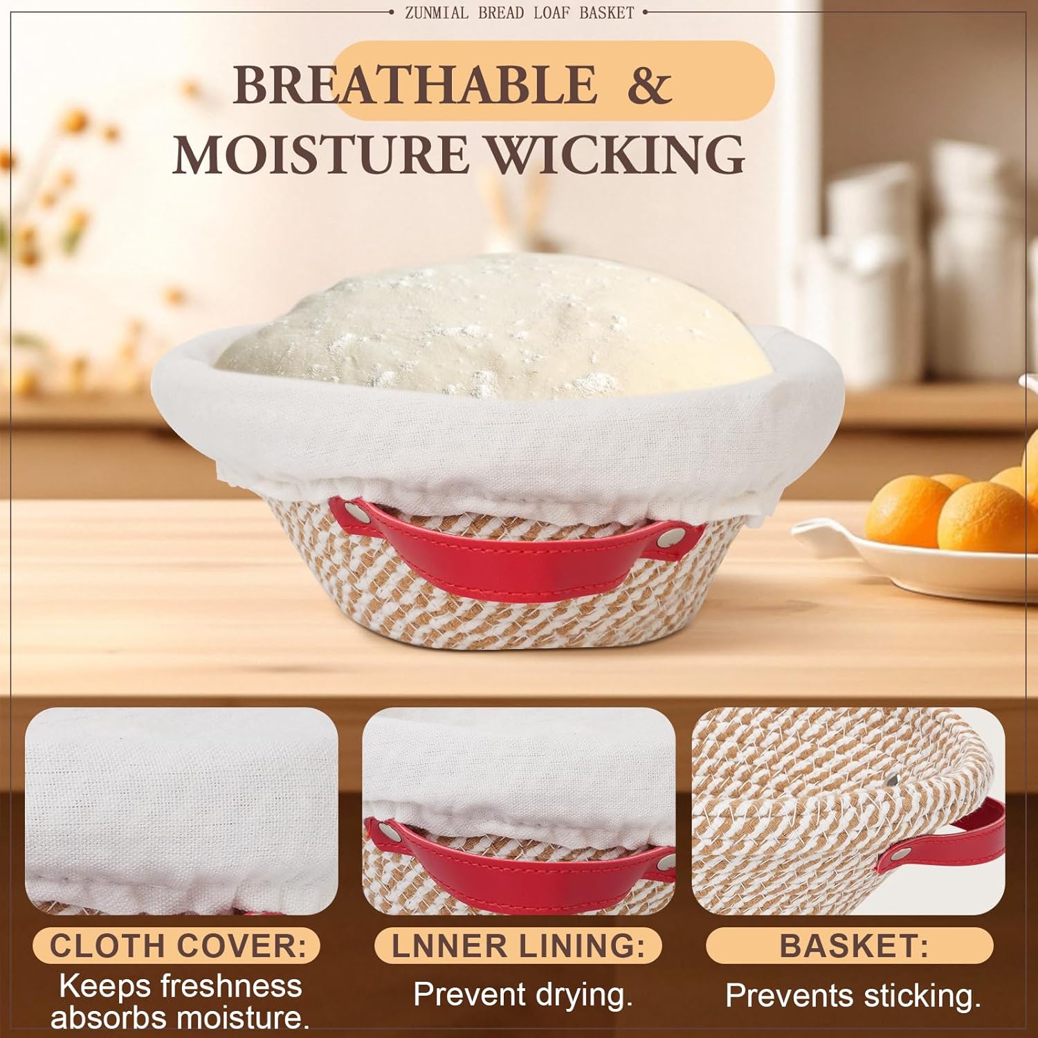 Thumbnail 3 de Zunmial banneton proofing baskets (10 inch oval + 9 inch round) with liner & cover