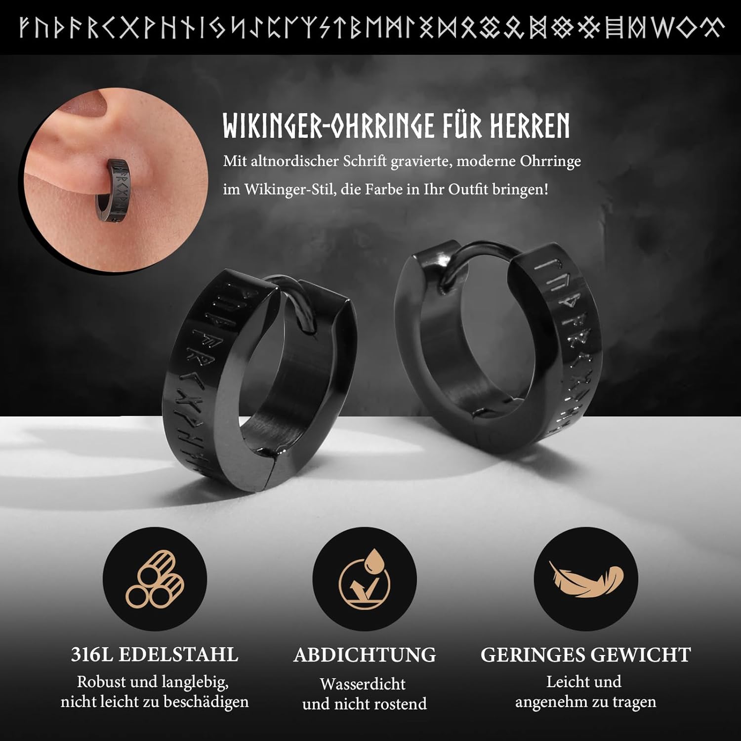 Thumbnail 3 de FLHEART Nordischer Wikinger Hoop Ohrring Herren - Amulett Schutz Schmuck Geschenke Edelstahl Herren Ohrstecker mit Nordic Elder Futhark Runen,Schwarz/Silber,1 Paar
FLHEART Nordischer Wikinger Hoop Ohrring H…