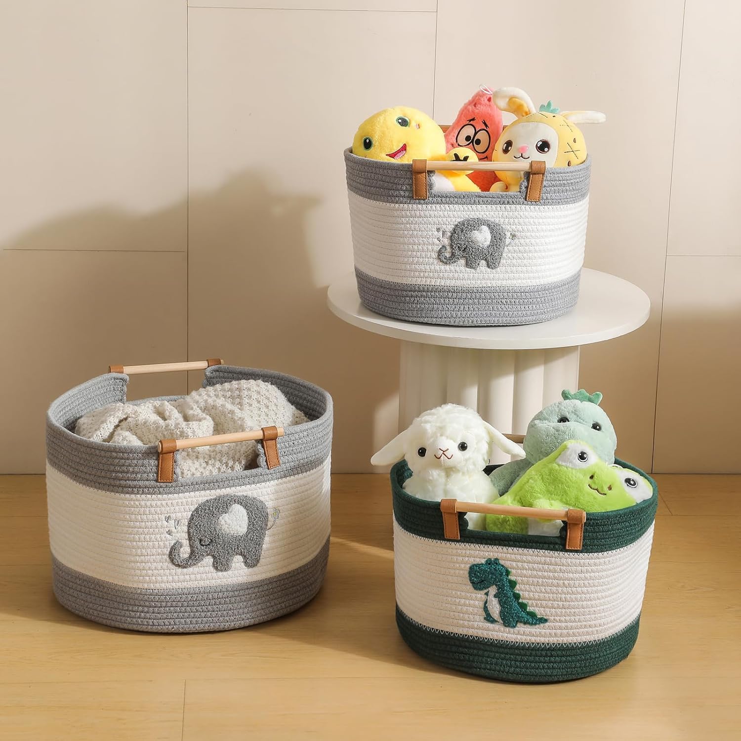 Thumbnail 4 de Baumwollseil-Aufbewahrungskorb mit Holzgriffen für Kinderdecken und Kuscheltiere (ca. 17 L)