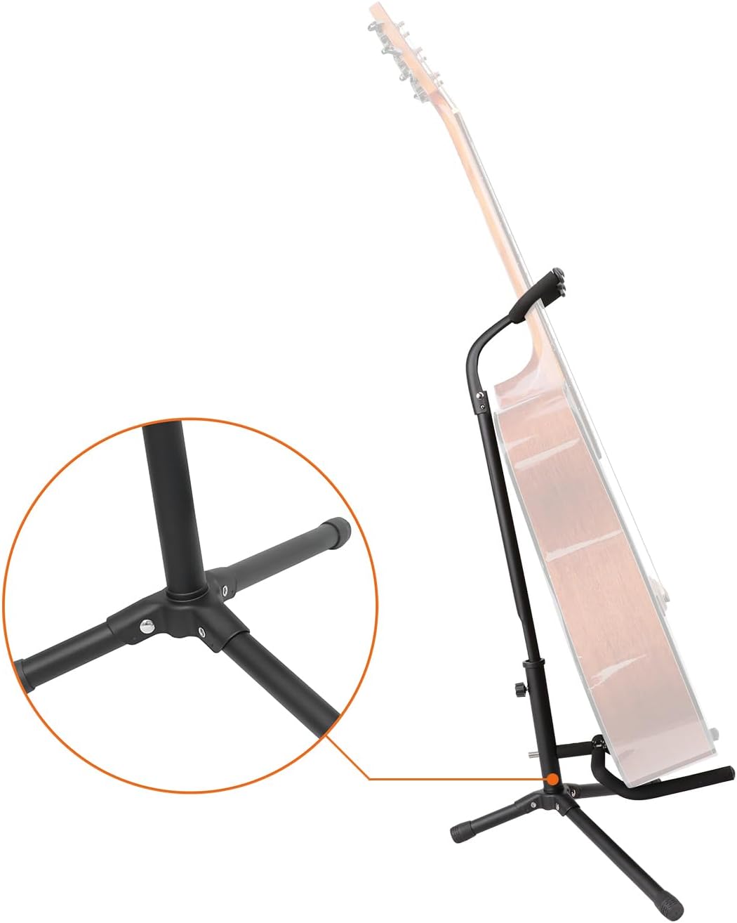Detalle de Amazon Basics verstellbarer klappbarer Gitarrenständer mit Hals-Halterung für Akustik, E‑Gitarre, Bass, Banjo & 26‑Zoll‑Ukulele