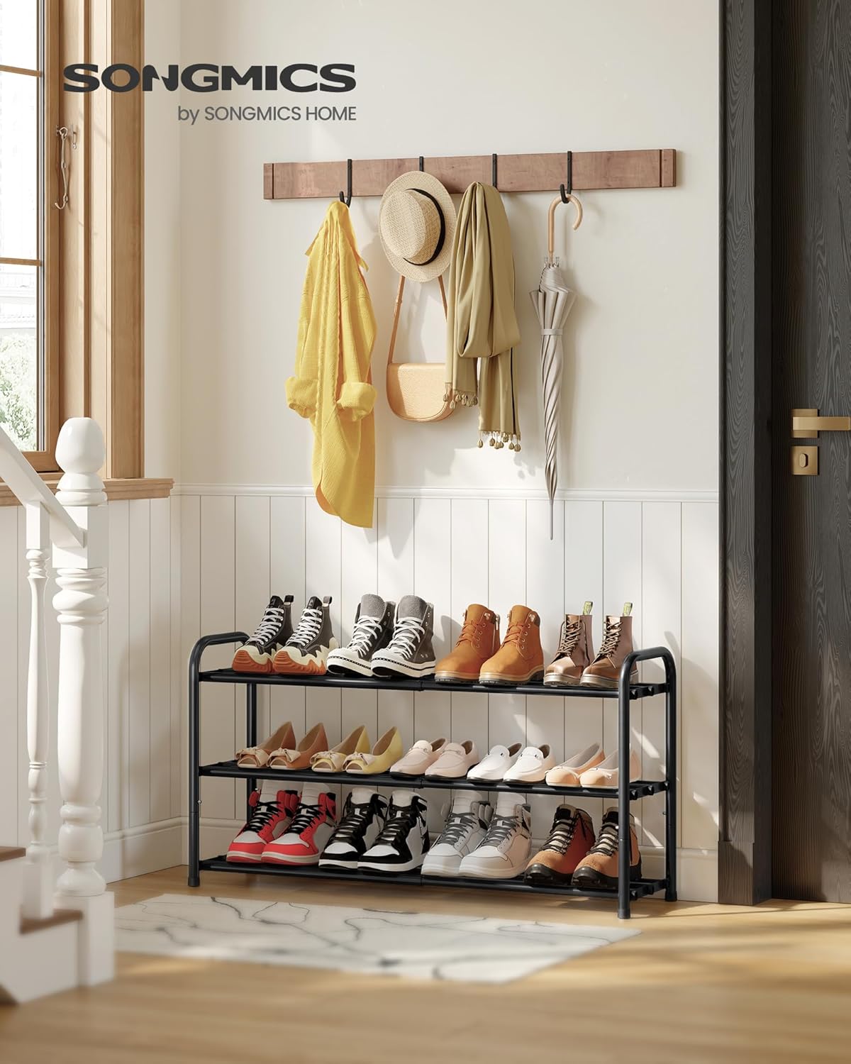 Detalle de SONGMICS Étagère à Chaussures Extensible, 3 Niveaux – Noir d'encre (LMR036BD01)