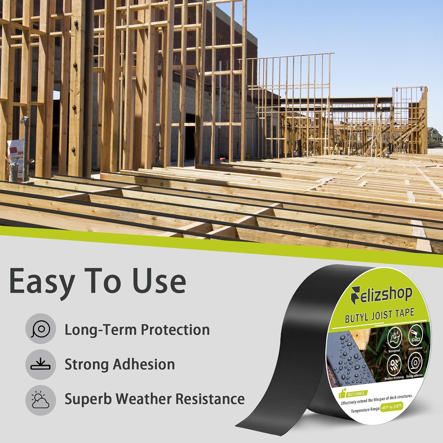 Thumbnail 3 de Joist Tape for Decking (1 5/8" x 50') Butyl Deck Joist Flashing Tape — Waterproof Anti-Corrosion, Self-Adhesive, 12 Rolls
