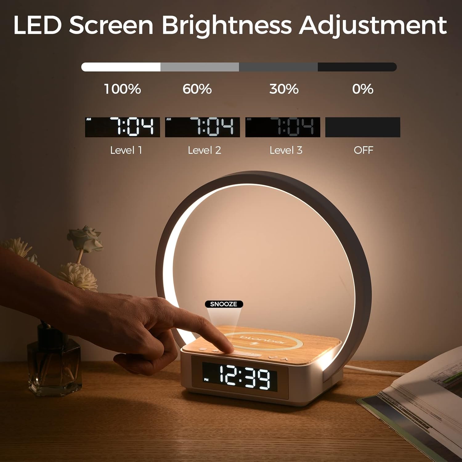 Detalle de blonbar LED Nachttischlampe mit Ladefunktion (10 W Wireless Charger) – Touch-Dimmung & Wake-up-Light Wecker