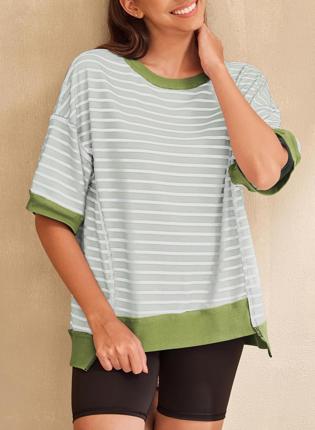 Detalle de SHEWIN Womens Casual Short Sleeve Striped Crewneck Sweatshirt Top