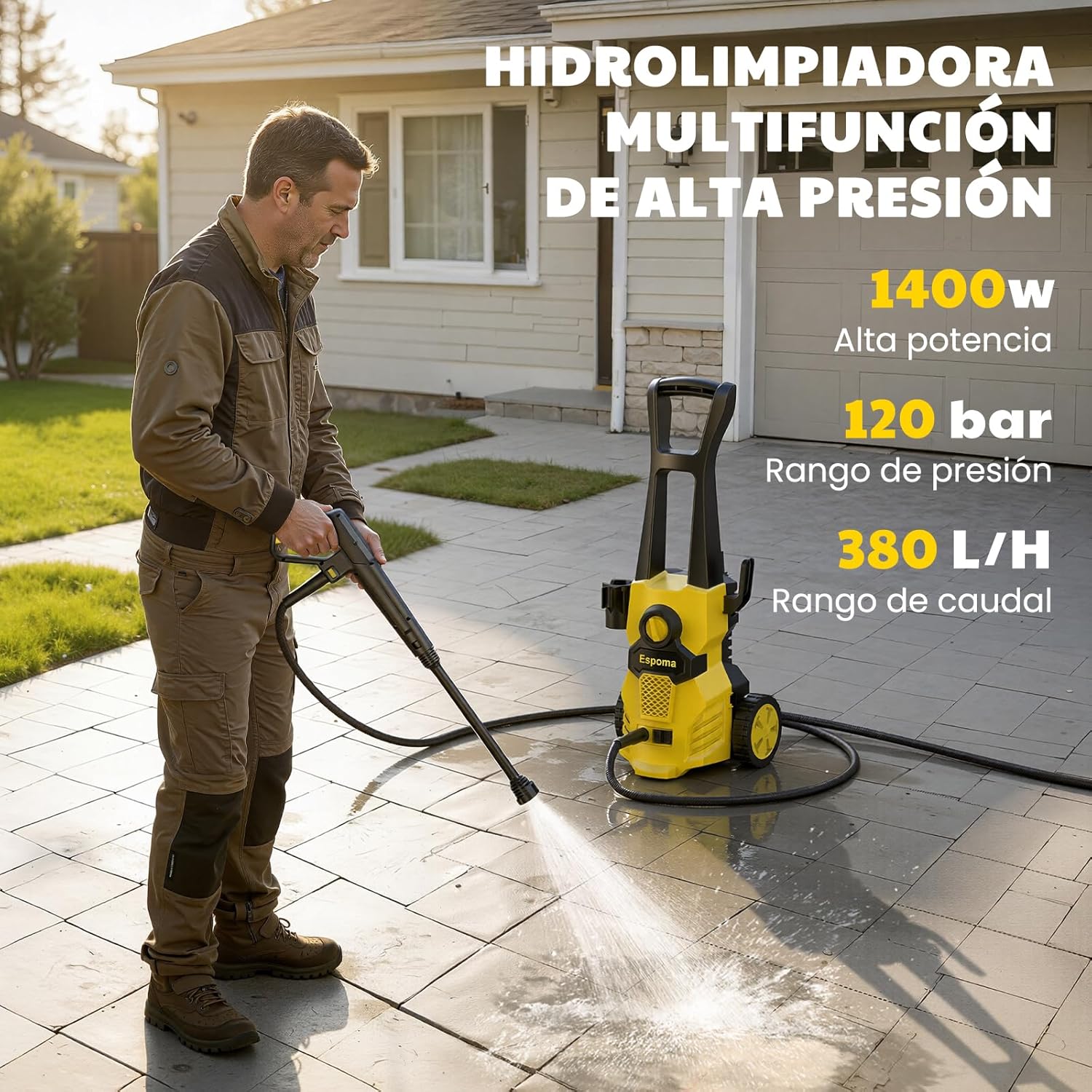 Detalle de Espoma Hidrolimpiadora de Alta Presión 120 Bar | 380 l/h, 12 m de radio y bomba de aluminio