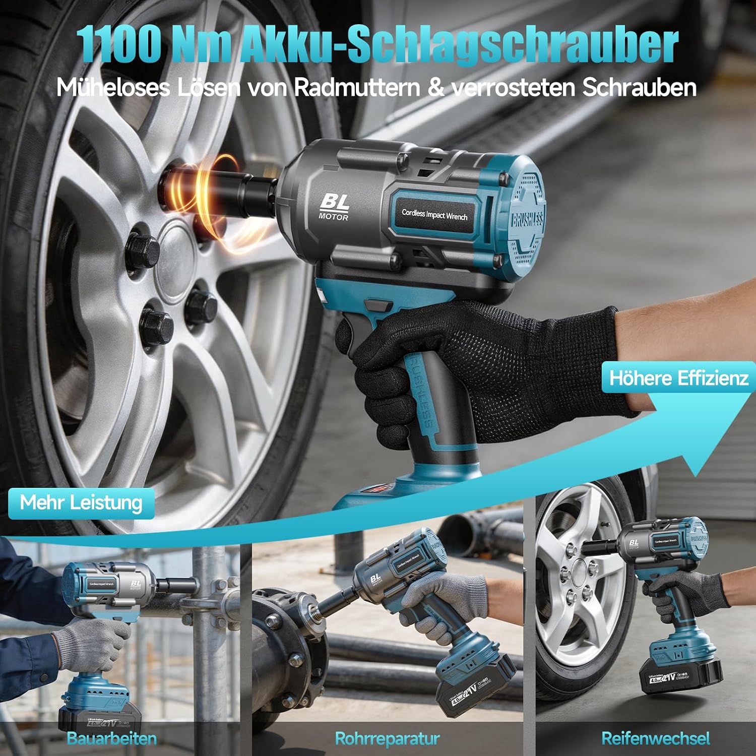 Detalle 2 de Yofuly 1100 Nm Akku-Schlagschrauber 1/2" bürstenlos – mit 2×4000 mAh Akku, 5 Stecknüssen, Verlängerung & Koffer