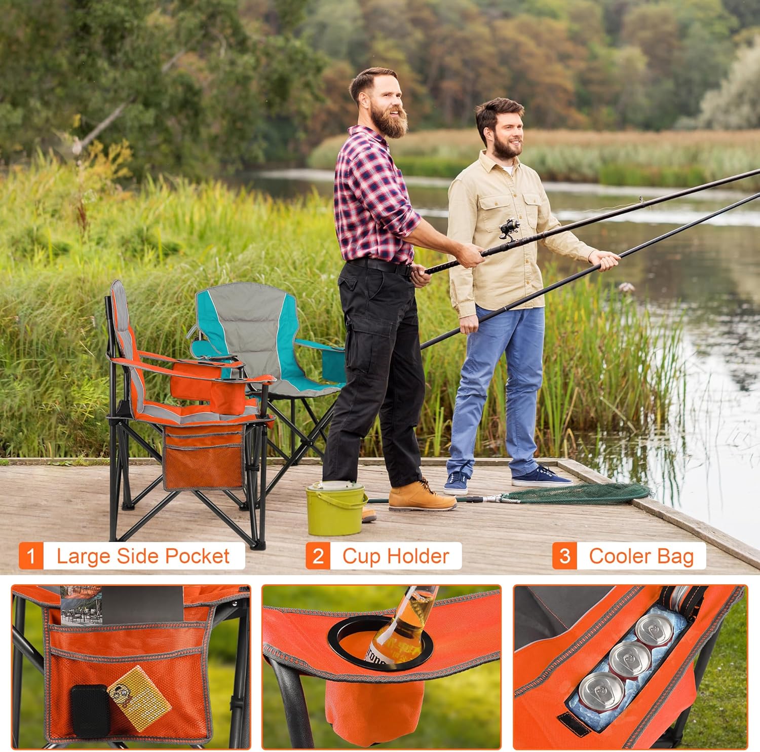 Thumbnail 6 de LANMOUNTAIN 2 Pack Padded Oversized Camping Chairs (Orange & Blue) with Cup Holder, Side Pocket & Cooler Bag