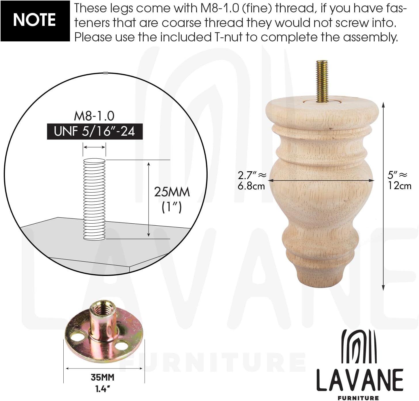 Thumbnail 3 de La Vane 5 Inch Unfinished Solid Wood Furniture Legs (12cm) – 4pcs Spindle Spool Feet with Pre-Drilled M8 Bolt & Mounting Plate
