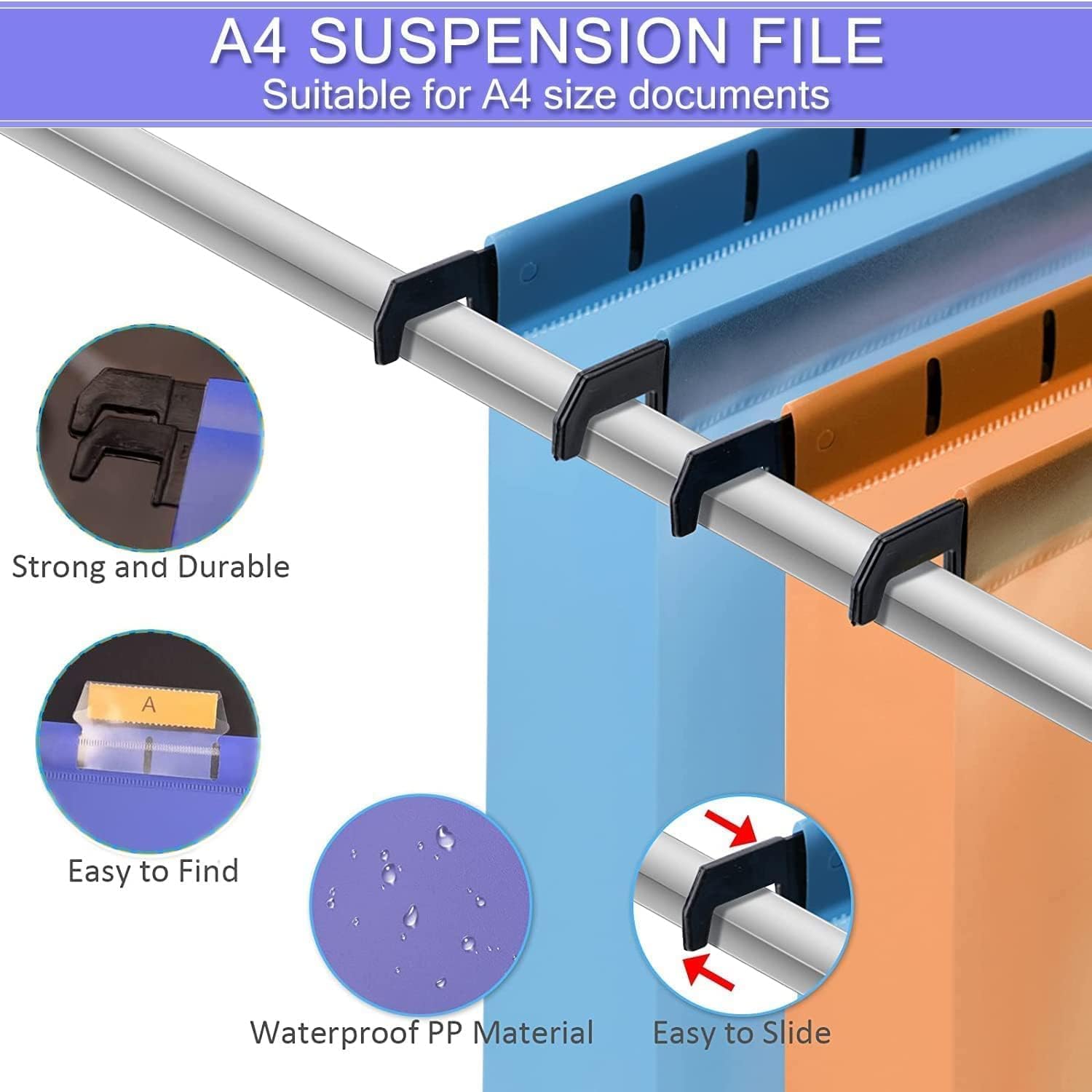 Thumbnail 3 de A4 Suspension File Set: 10 Polypropylene Hanging Filing Folders with Tabs and Card Inserts