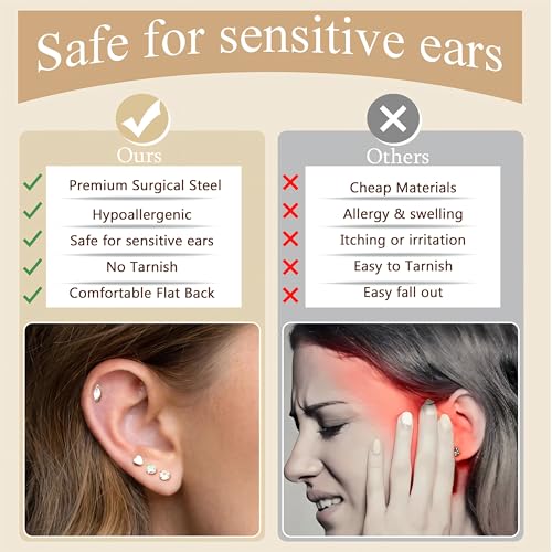 Thumbnail 2 de Diamday 21 Pairs Flat Back Earrings Set: Hypoallergenic Surgical Steel Studs for Everyday Wear