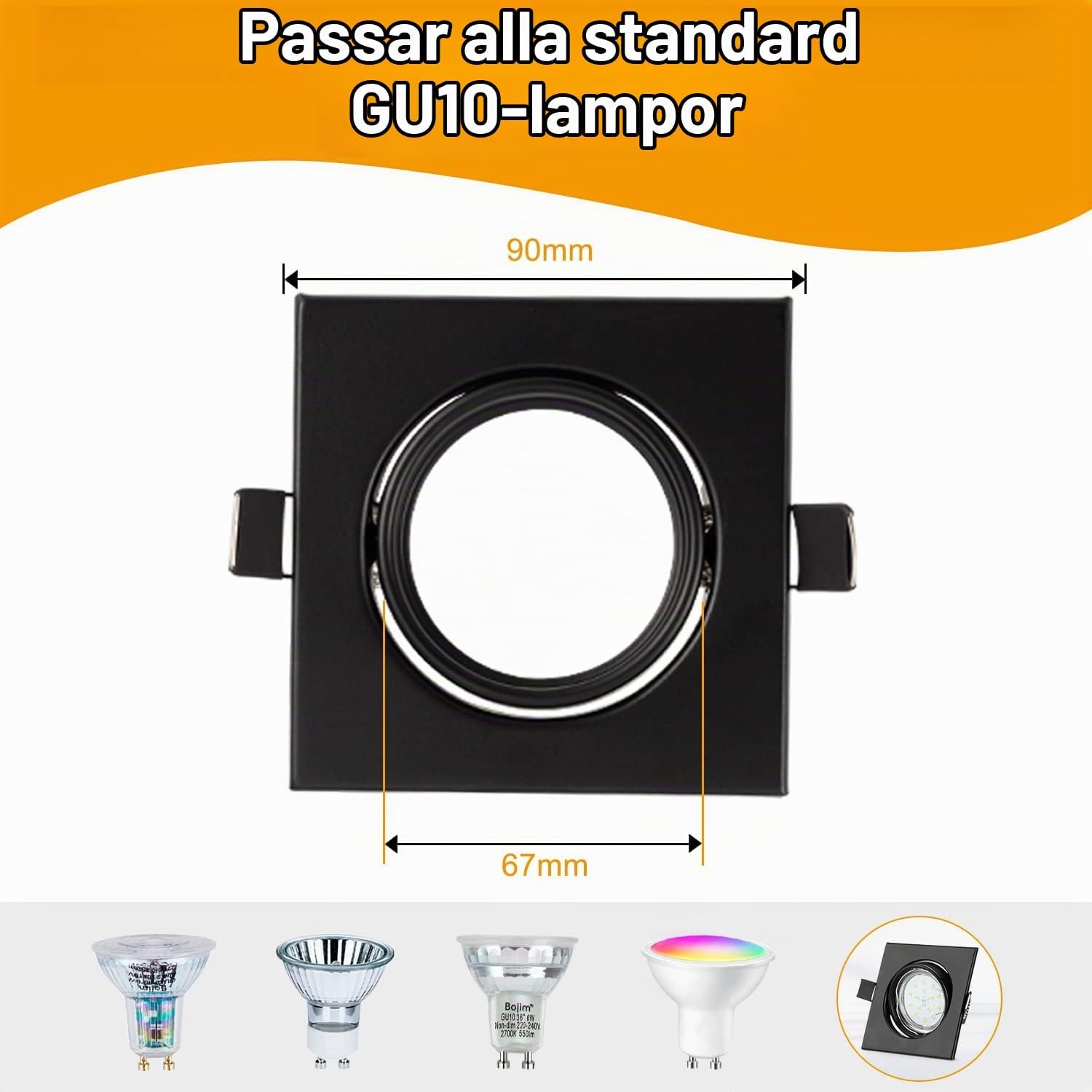 Detalle 2 de Bojim infälld GU10-spotlight, fyrkantig svart ram, 30° vinklingsbar, 10-pack