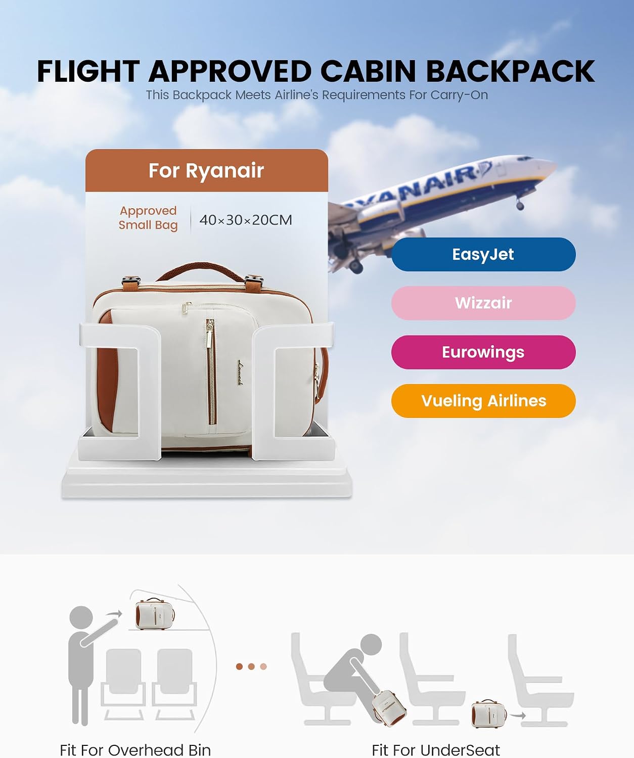 Detalle 2 de LOVEVOOK for Ryanair Cabin Bag 40x28x20: Compact Underseat Carry-On Backpack for Travel