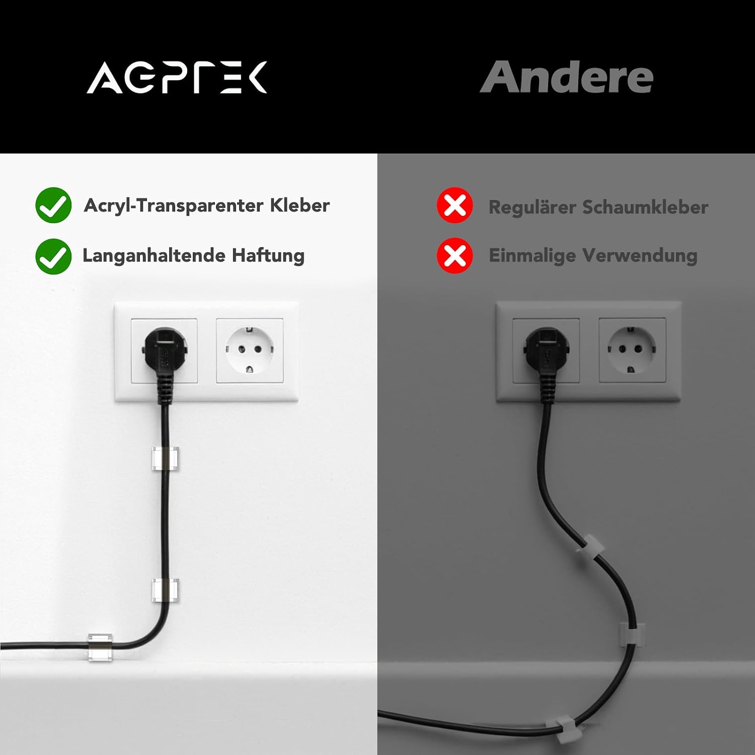 Detalle de AGPTEK Kabelclips 60 Stück, selbstklebend, verstellbar – klare Organisation für Büro, PC, LED Strip