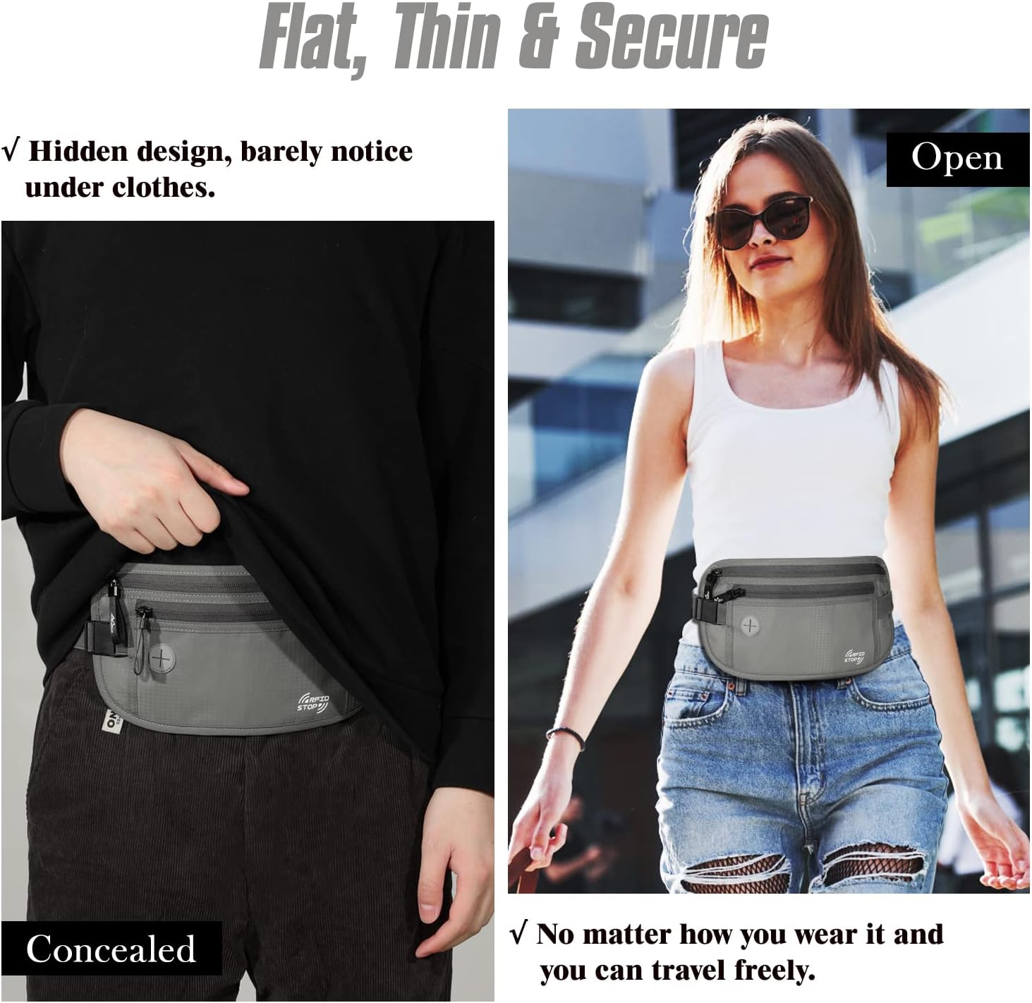 Thumbnail 2 de MoKo Secure Money Belt for Travel (RFID Block) – Grey hidden under-clothes wallet
