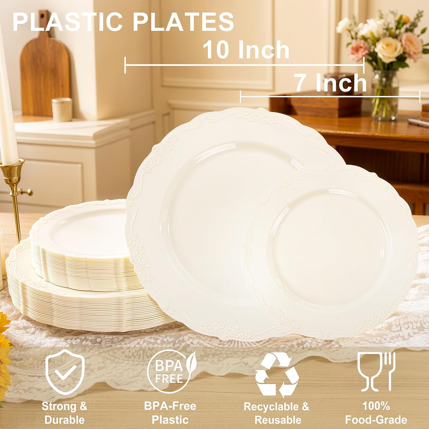 Thumbnail 1 de U-QE 100 Pieces Ivory Plastic Plates for Party – Heavy Duty Disposable Dinner & Dessert Plates (50 x 10" + 50 x 7.5")