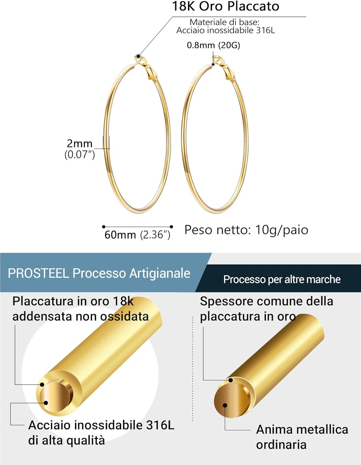 Thumbnail 2 de Prosteel Orecchini Cerchio Argento Donna Oro Placcato 14K Ipoallergenico 20–100 mm | Vintage Y2K Minimalismo e Impermeabili