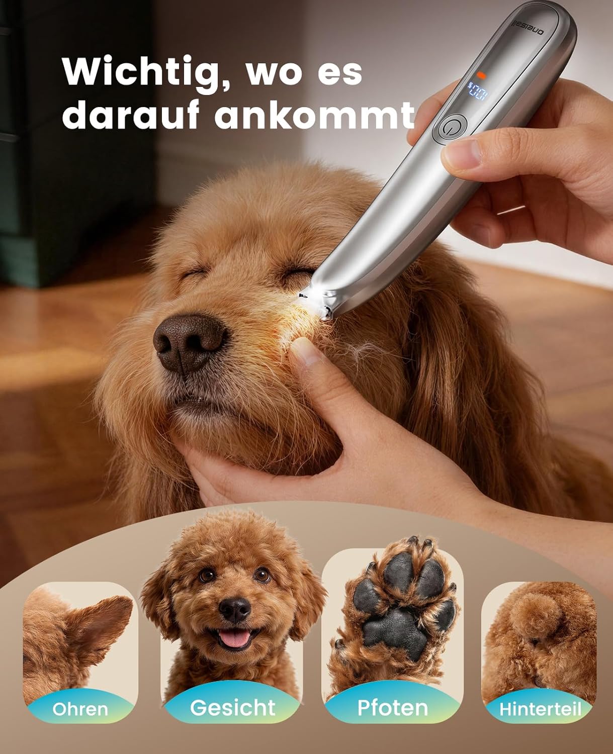Detalle 2 de oneisall Pfotentrimmer Extra Leise mit LED-Licht – Hunde- und Katzen-Trimmer für Pfoten, Ohren, Augen & mehr (Silber)
