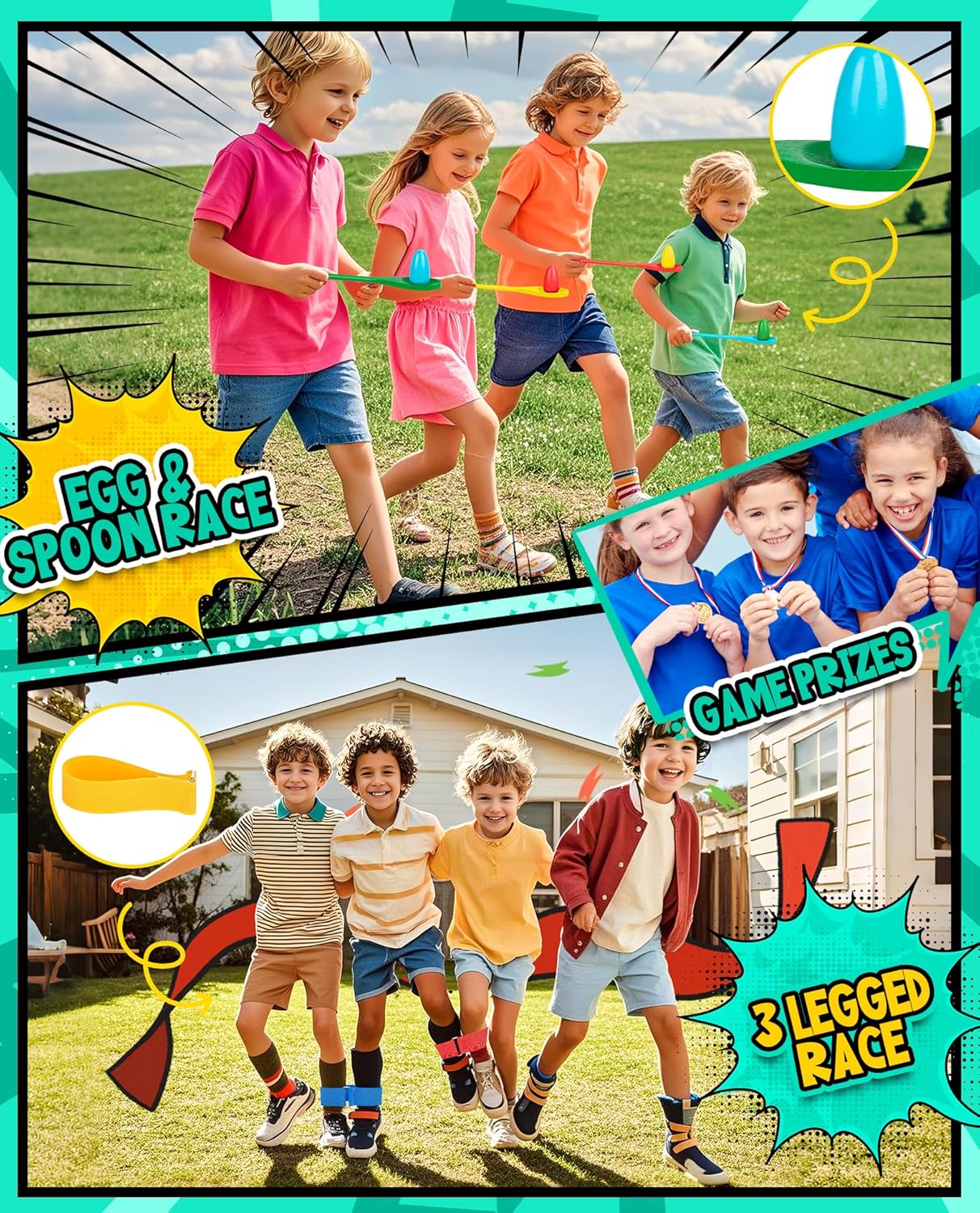 Thumbnail 2 de Eocolz Outdoor Carnival Games set for Easter, birthdays and field days – potato sack bags, 3-legged race bands, egg & spoon and catch-tail belts