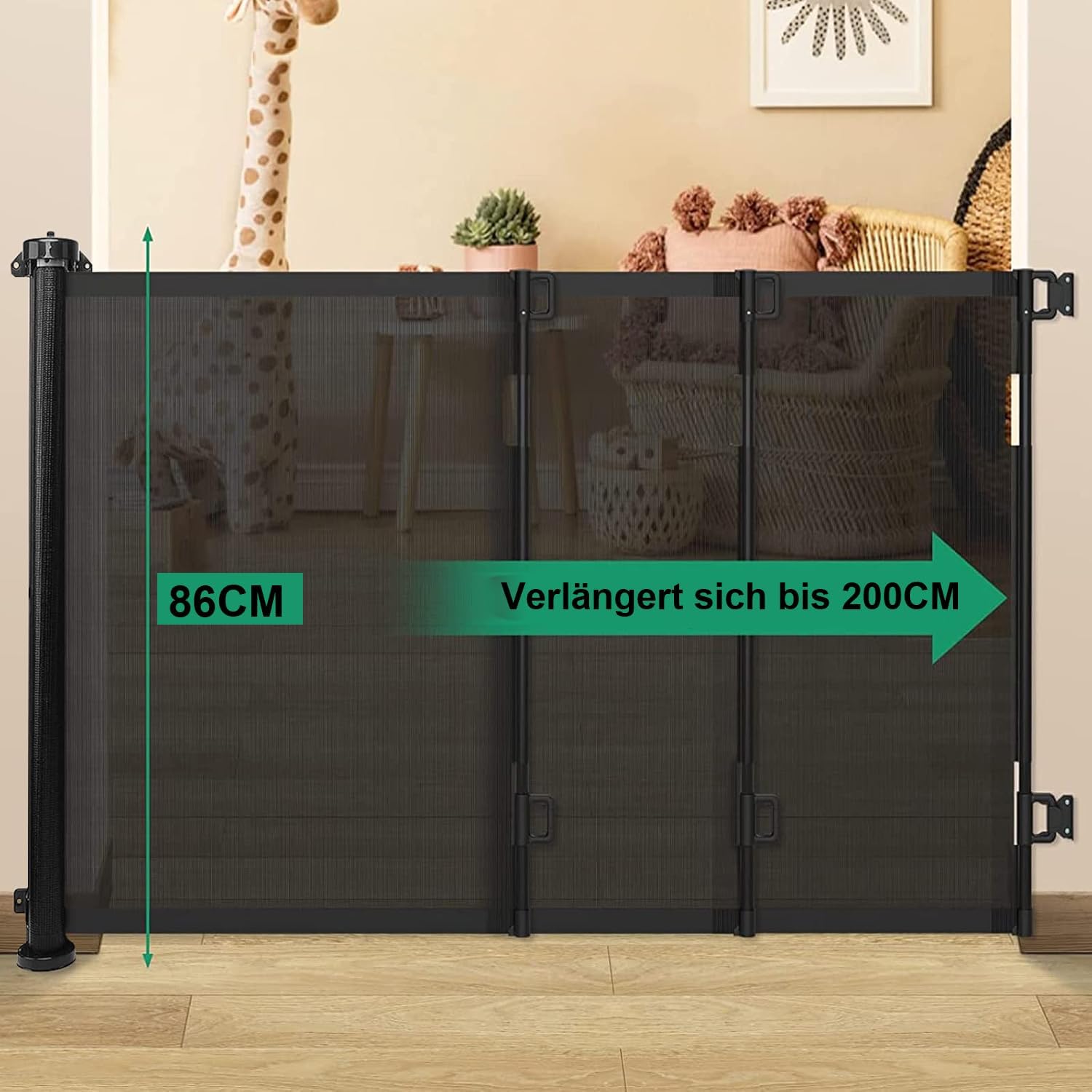 Detalle de Treppenschutzgitter ausziehbar bis 200 cm (86 cm Höhe) – Türschutzgitter für Kinder, Katzen und Hunde – schwarz