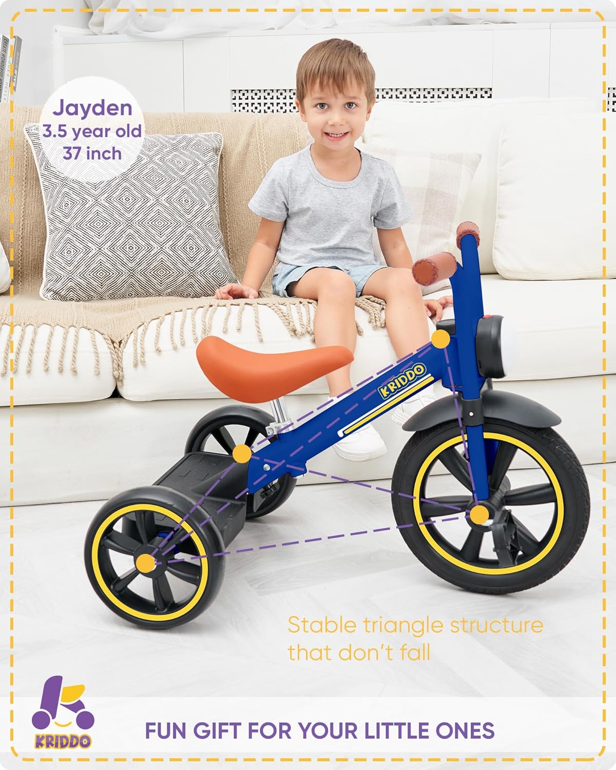 Thumbnail 2 de KRIDDO Kids 12 Inch Tricycle with Puncture-Free Wheels, Front Light & Adjustable Seat (Blue)