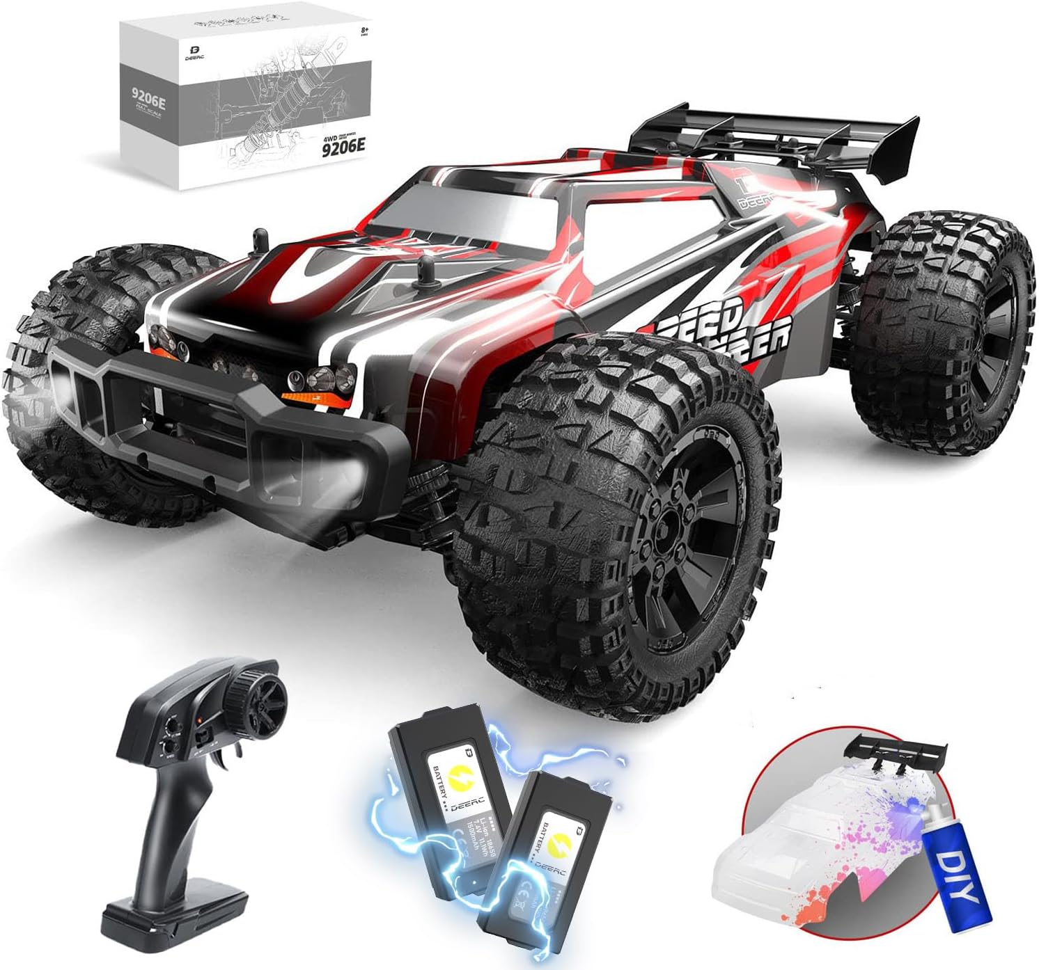 Detalle de DEERC 9206E 1:10 RC Truck, 4WD, 48+ km/h, DIY Shell and LED Headlights